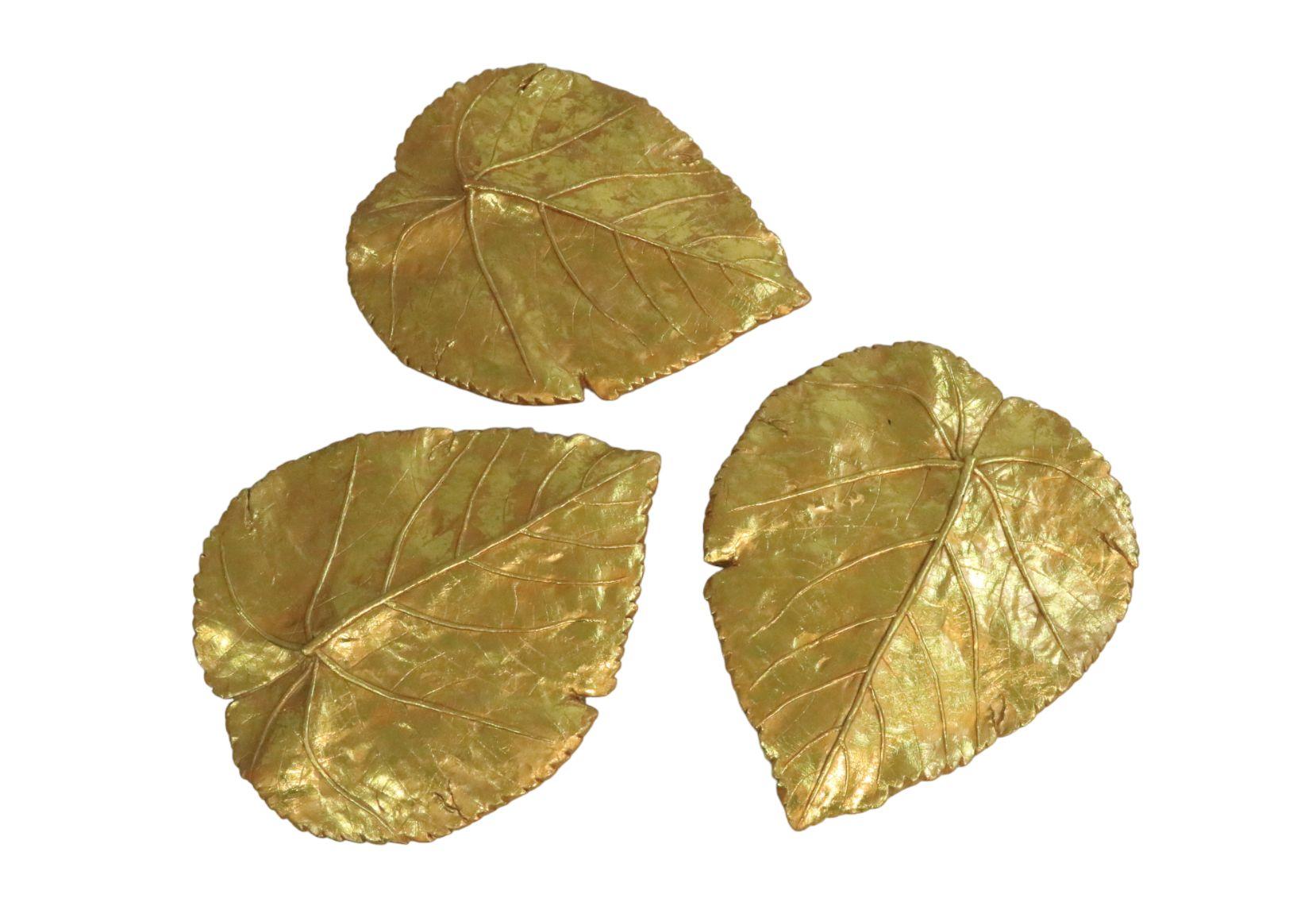 German 3 x Wall Decoration, Golden Leaves, 1970s For Sale