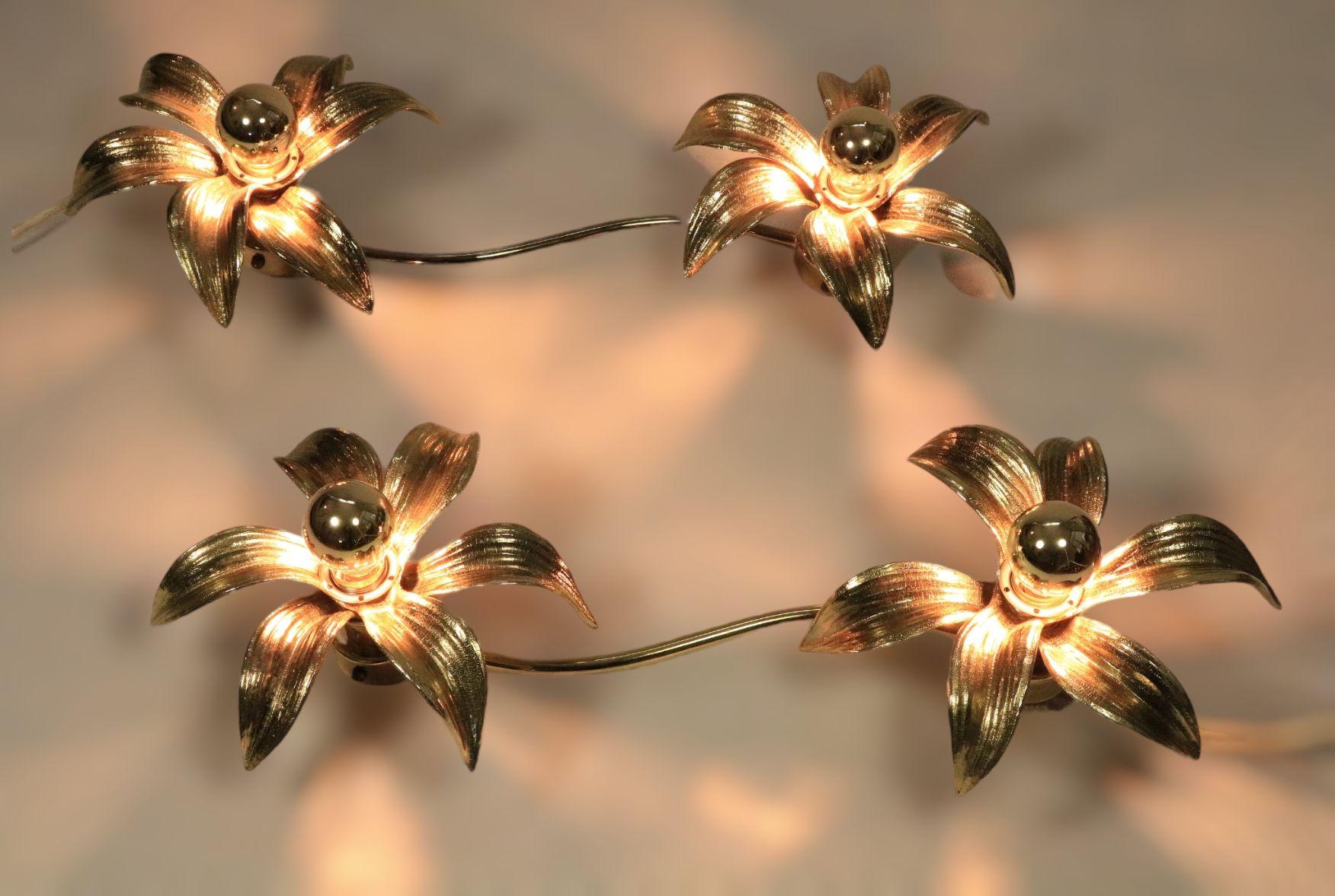 3 x Wall Light by Willy Daro for Massive, Belgium Golden, Floral Design In Good Condition For Sale In Berlin, BE