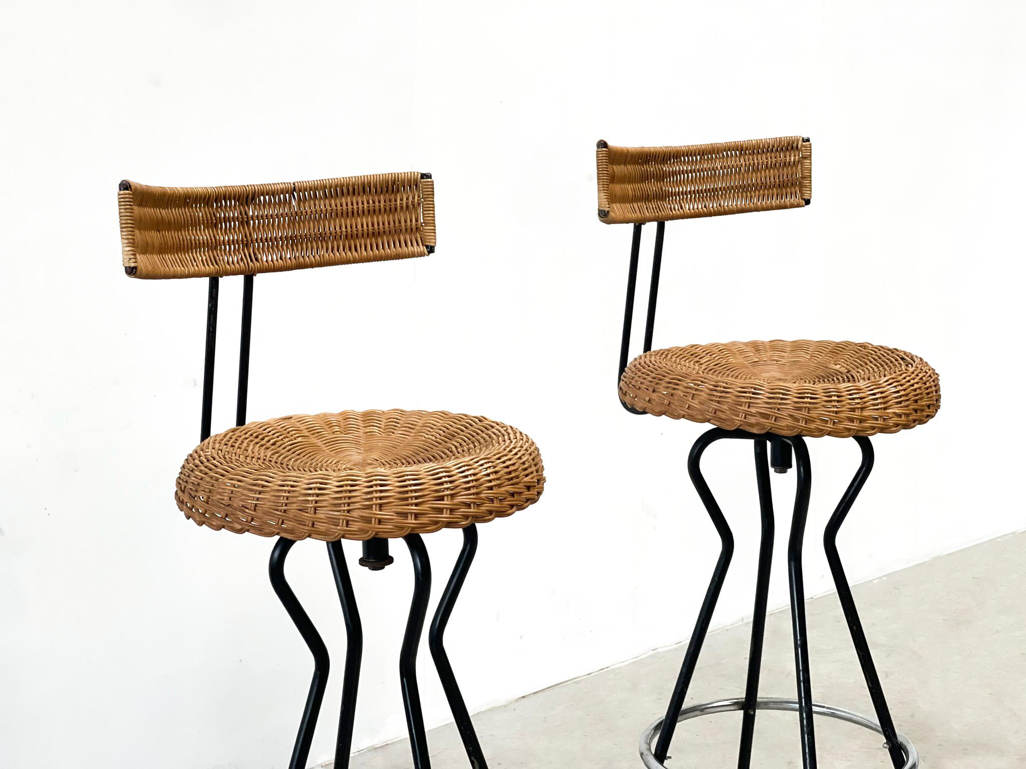 Late 20th Century 3 xl rattan and steel barstools 