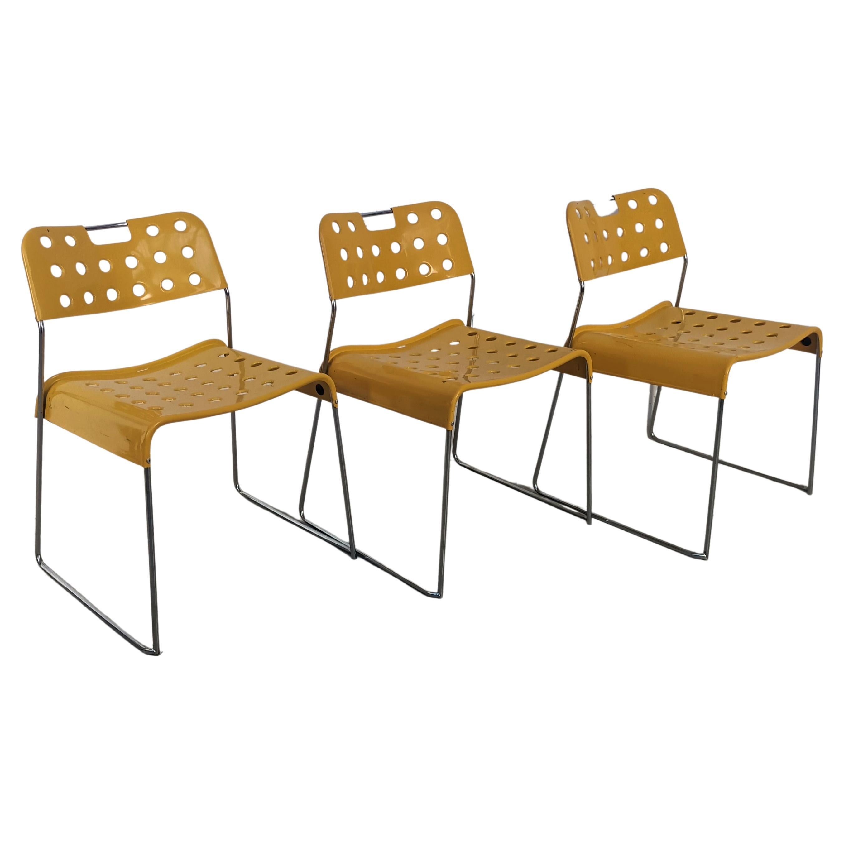 3 Yellow Omkstak Stackable Chairs by Rodney Kinsman for Bieffeplast 70s