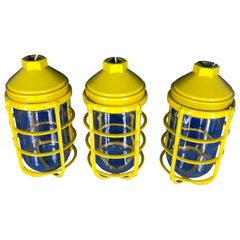 3 Yellow Salvaged Industrial Three-Light Blast Proof Ceiling Fixtures