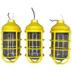 3 Yellow Salvaged Industrial Three-Light Blast Proof Ceiling Fixtures
