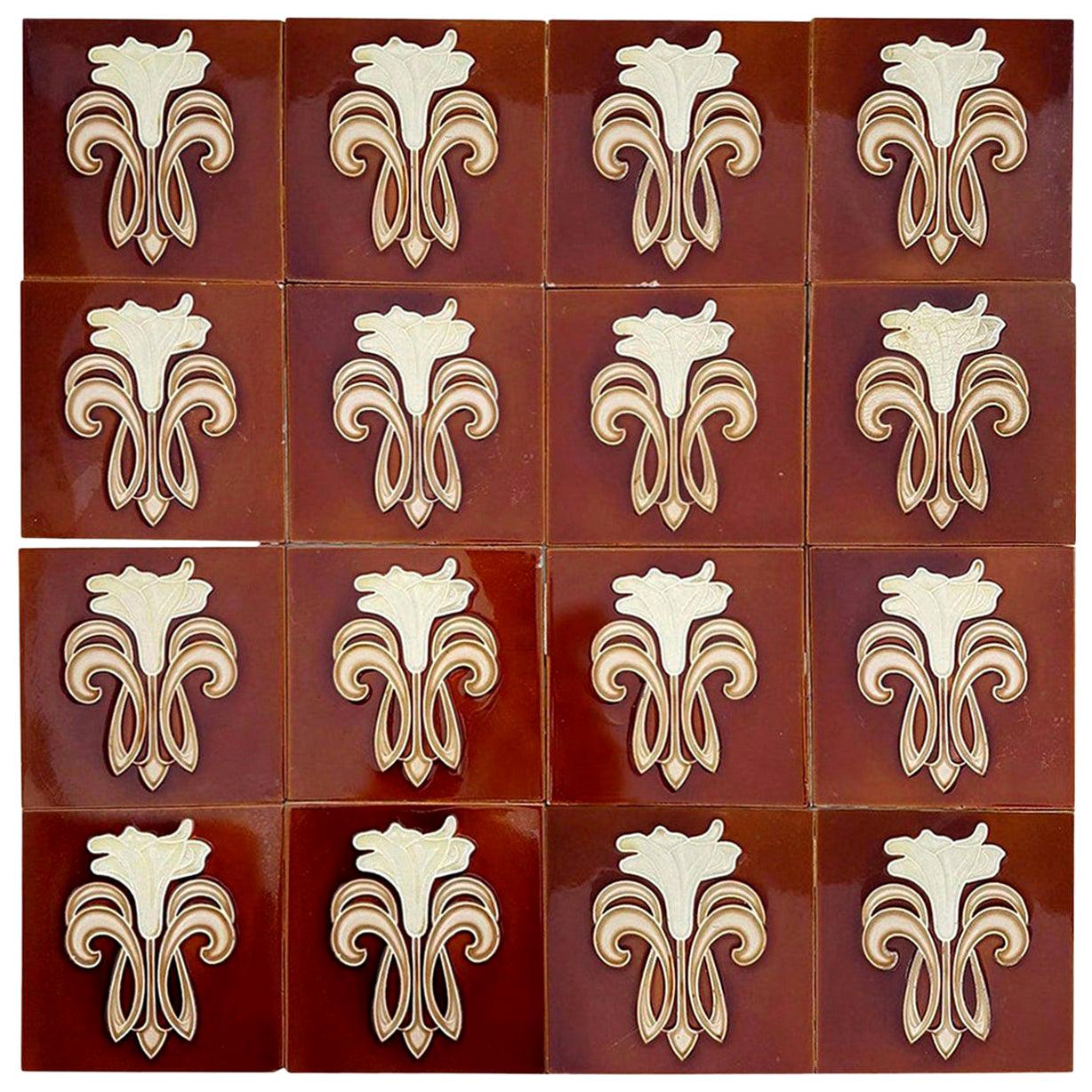 30 Art Jugendstil Ceramic Tiles by Gilliot Fabrieken Te Hemiksem, circa 1920