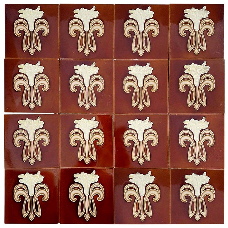 30 Art Jugendstil Ceramic Tiles by Gilliot Fabrieken Te Hemiksem, circa 1920 For Sale