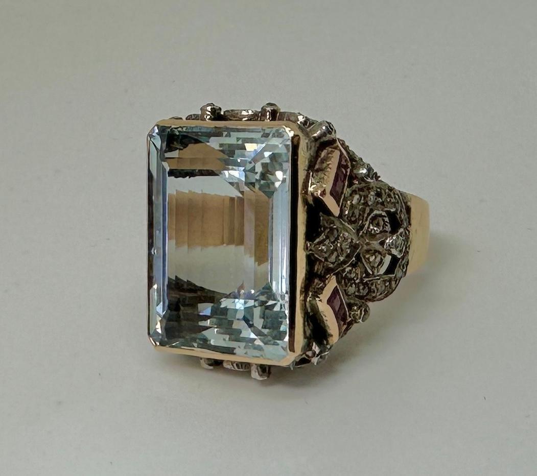 Women's or Men's 30 Carat Aquamarine Rose Cut Diamond Ruby Ring 18 Karat Gold Antique Cocktail