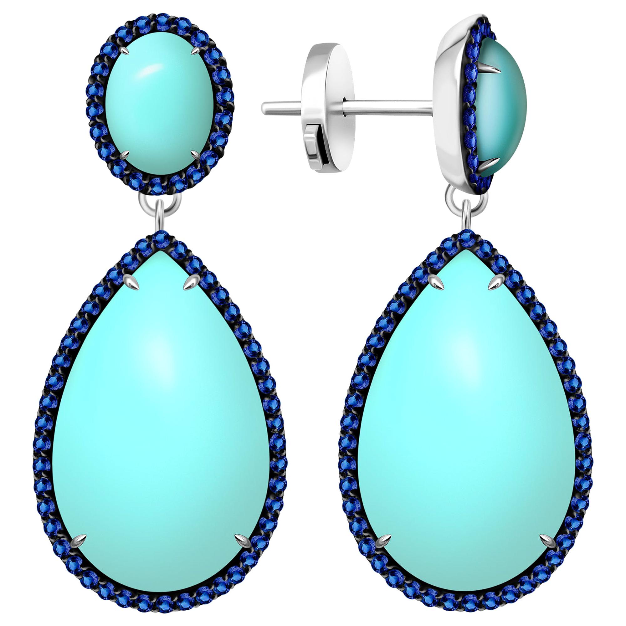 30 Carat Armenian Vivid Blue Turquoise Sapphire 14 Karat White Gold Earrings