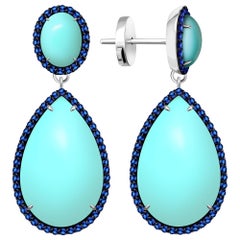 Boucles d'oreilles en or blanc 14 carats avec saphirs et turquoise bleu vif arménien de 30 carats