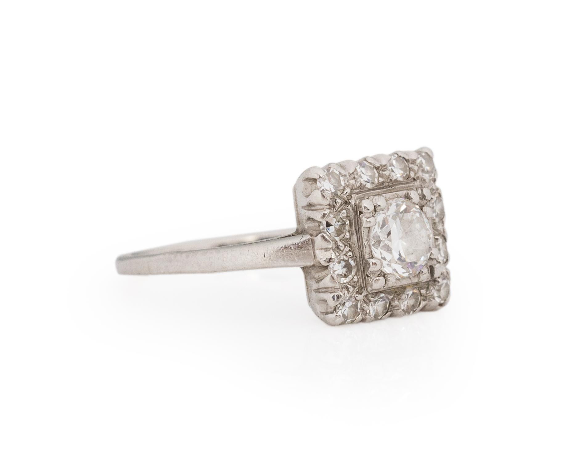 Ring Size: 3.5
Metal Type: Platinum [Hallmarked, and Tested]
Weight: 2.0 grams

Center Diamond Details: 
Weight: .30carat
Cut: Old European brilliant
Color: G
Clarity: VS

Side Stone Details:
Weight: .20carat, total
Cut: Antique European Cut
Color: