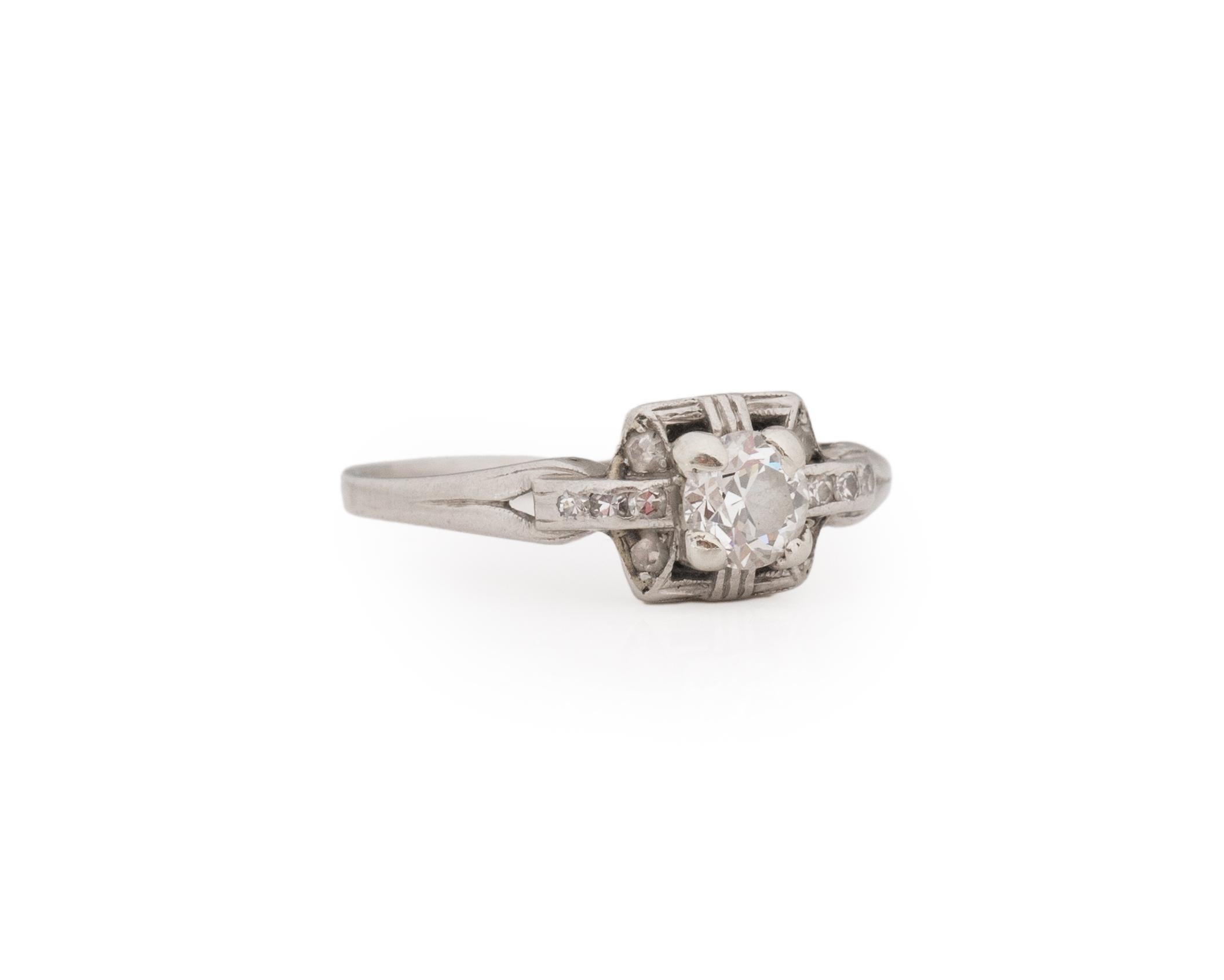 Ring Size: 6.25
Metal Type: Platinum [Hallmarked, and Tested]
Weight: 2.65 grams

Center Diamond Details:
Weight: .30ct
Cut: Old European brilliant
Color: F
Clarity: VS

Finger to Top of Stone Measurement: 4mm
Condition: Excellent