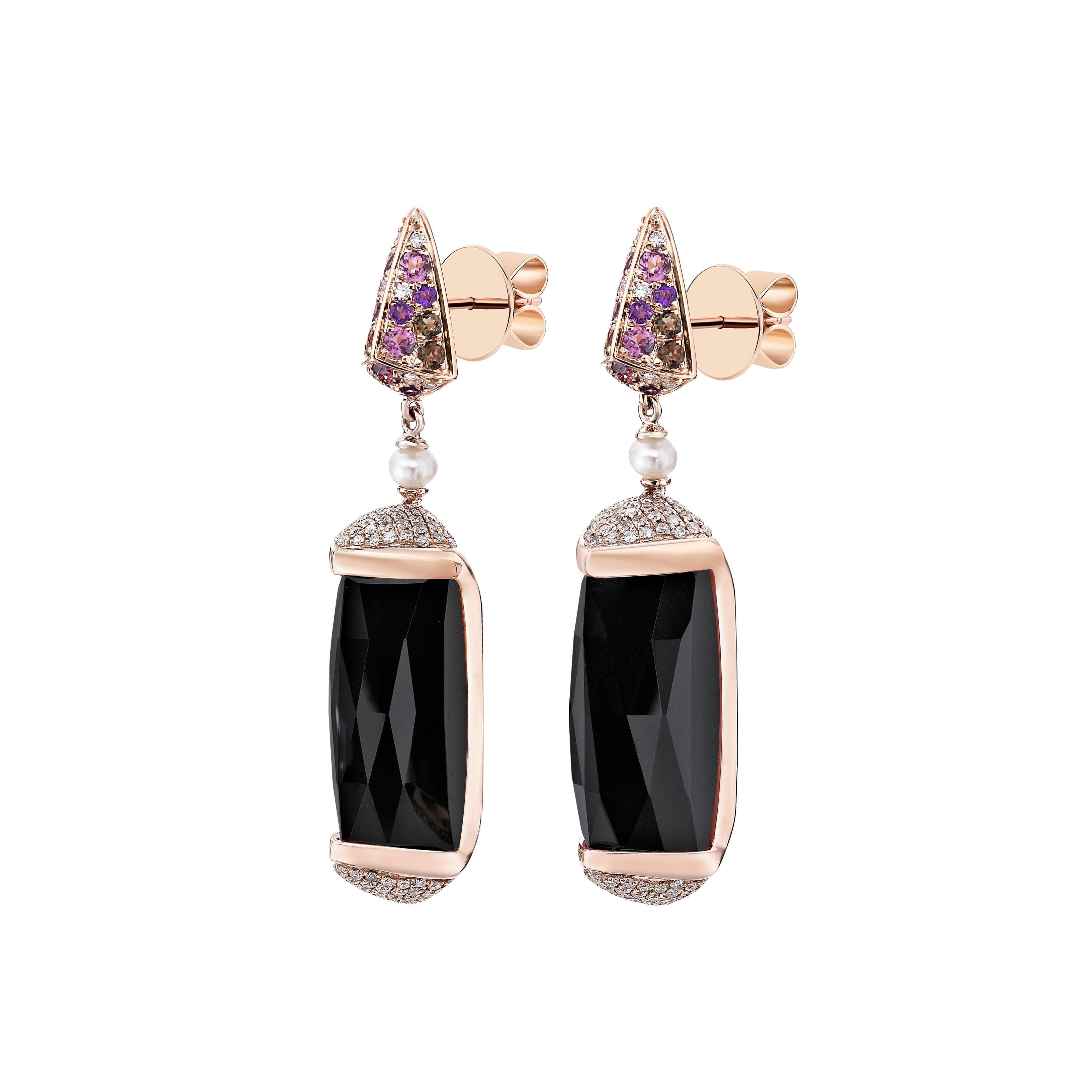 Contemporary 30 Carat Black Onyx Earring in 18 Karat Rose Gold with Diamonds For Sale
