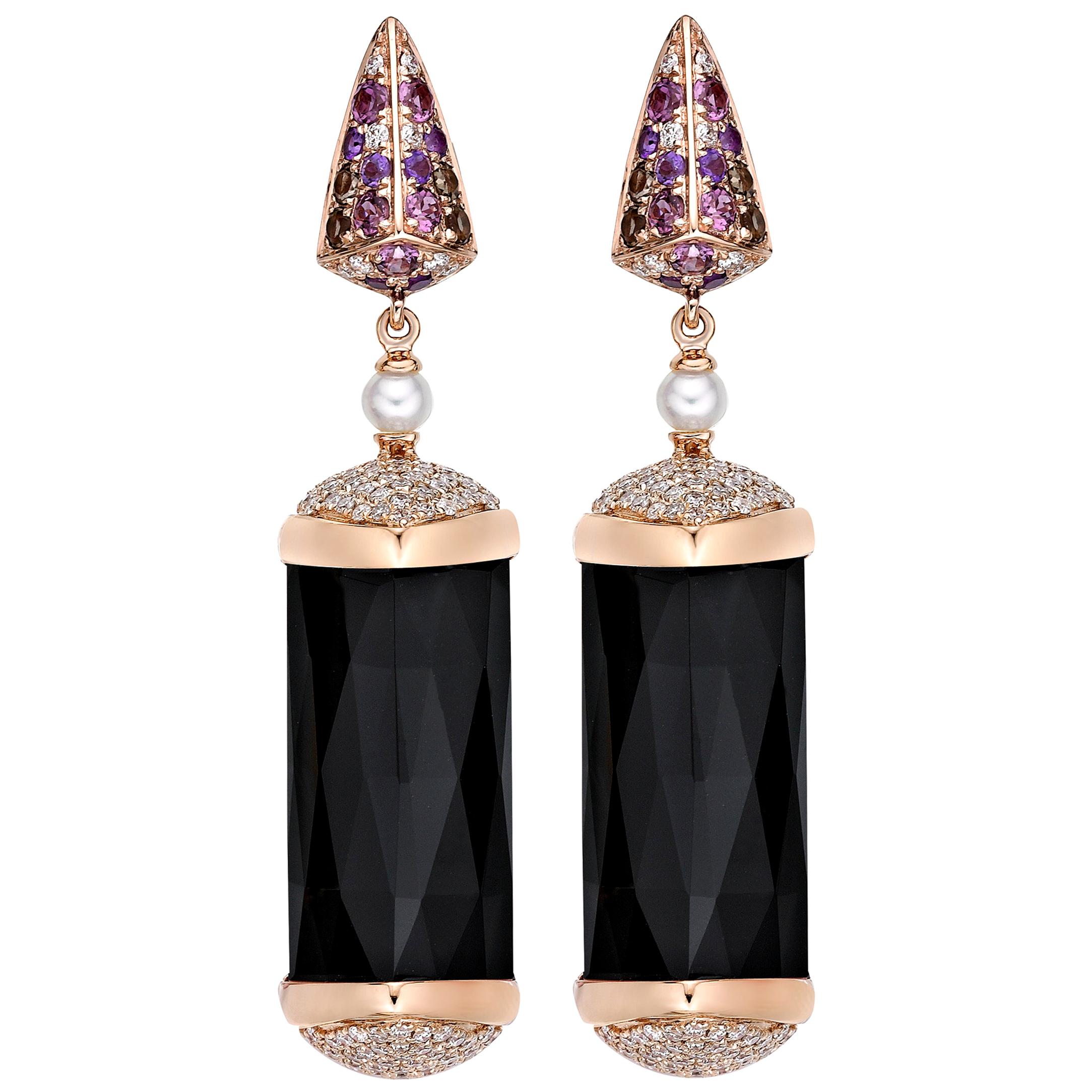 30 Carat Black Onyx Earring in 18 Karat Rose Gold with Diamonds