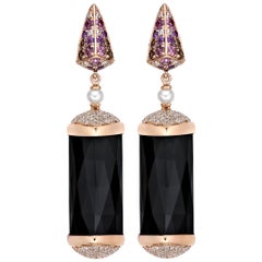 Boucles d'oreilles en onyx noir 30 carats et or rose 18 carats avec diamants