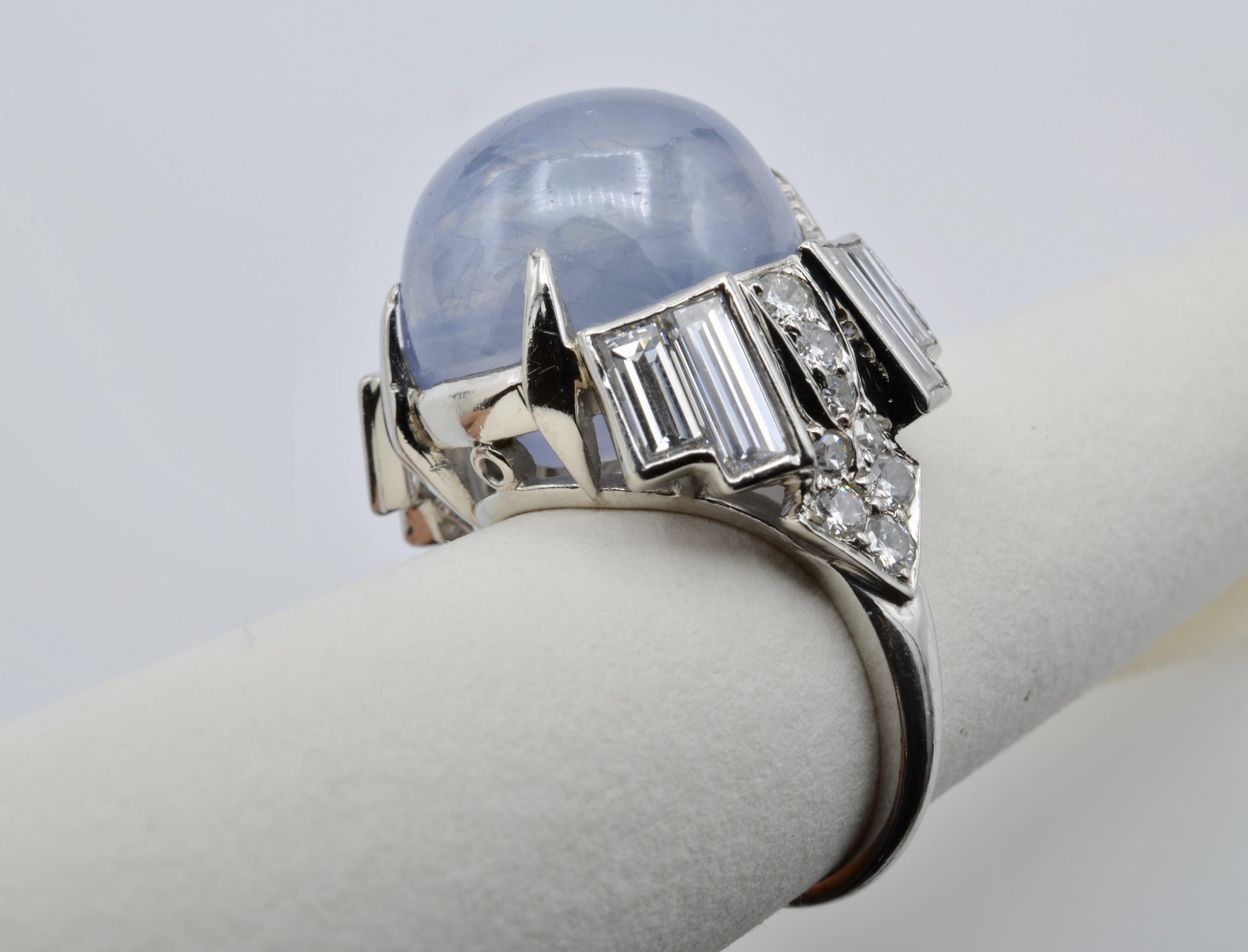 30 Carat Blue Star Sapphire Cabochon Diamond Baguette Platinum Ring 2