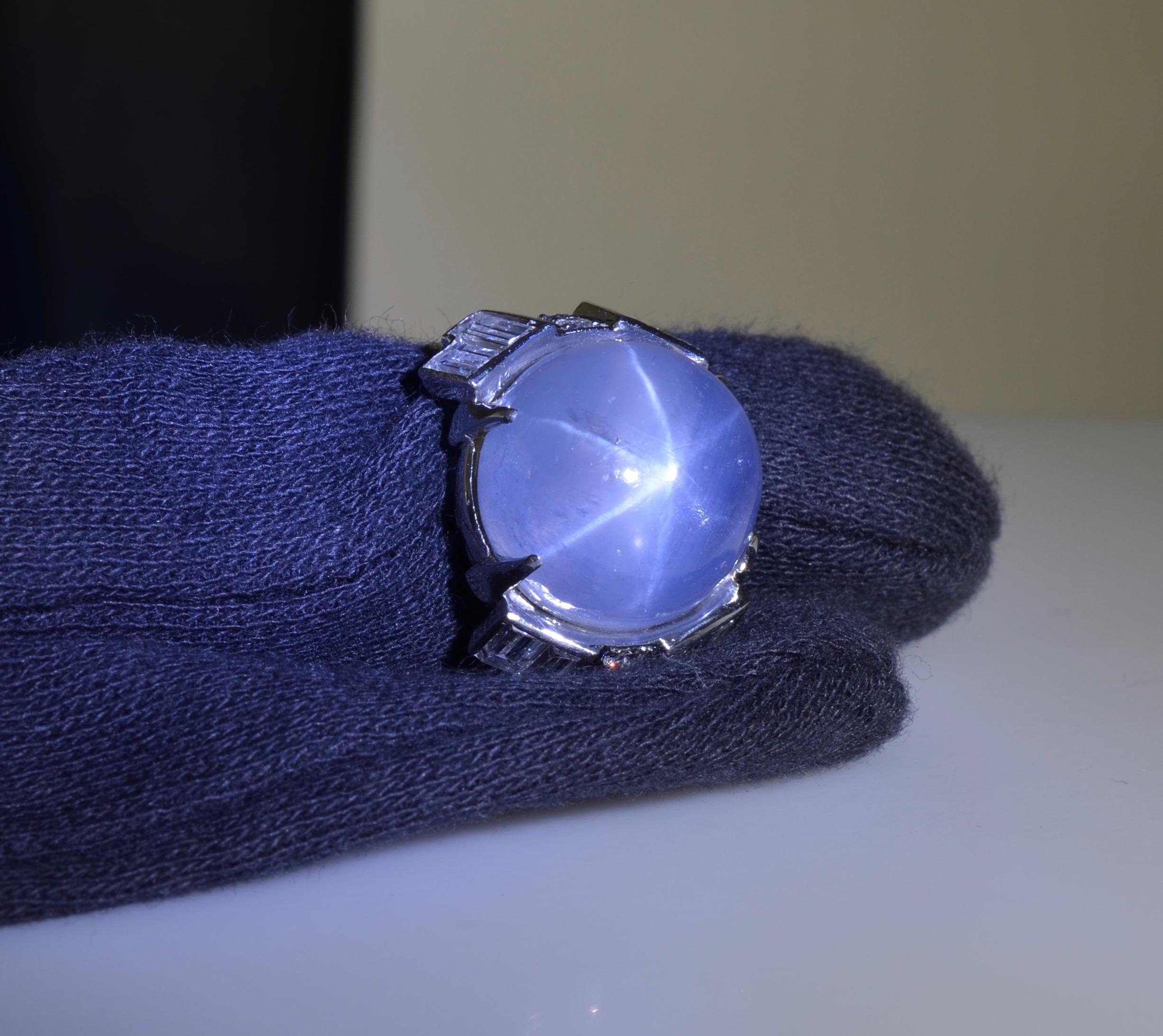 30 Carat Blue Star Sapphire Cabochon Diamond Baguette Platinum Ring 3