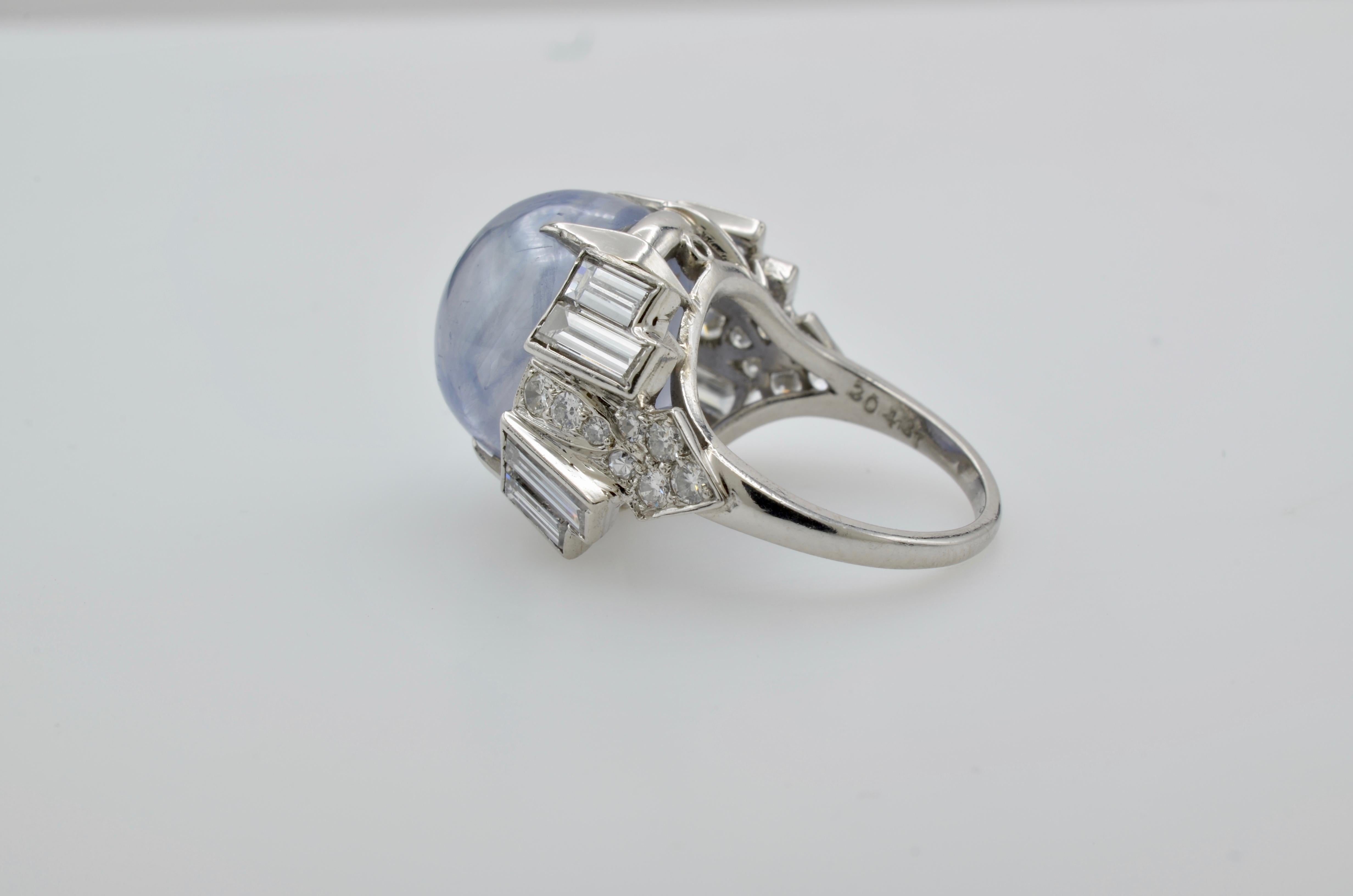 Modernist 30 Carat Blue Star Sapphire Cabochon Diamond Baguette Platinum Ring