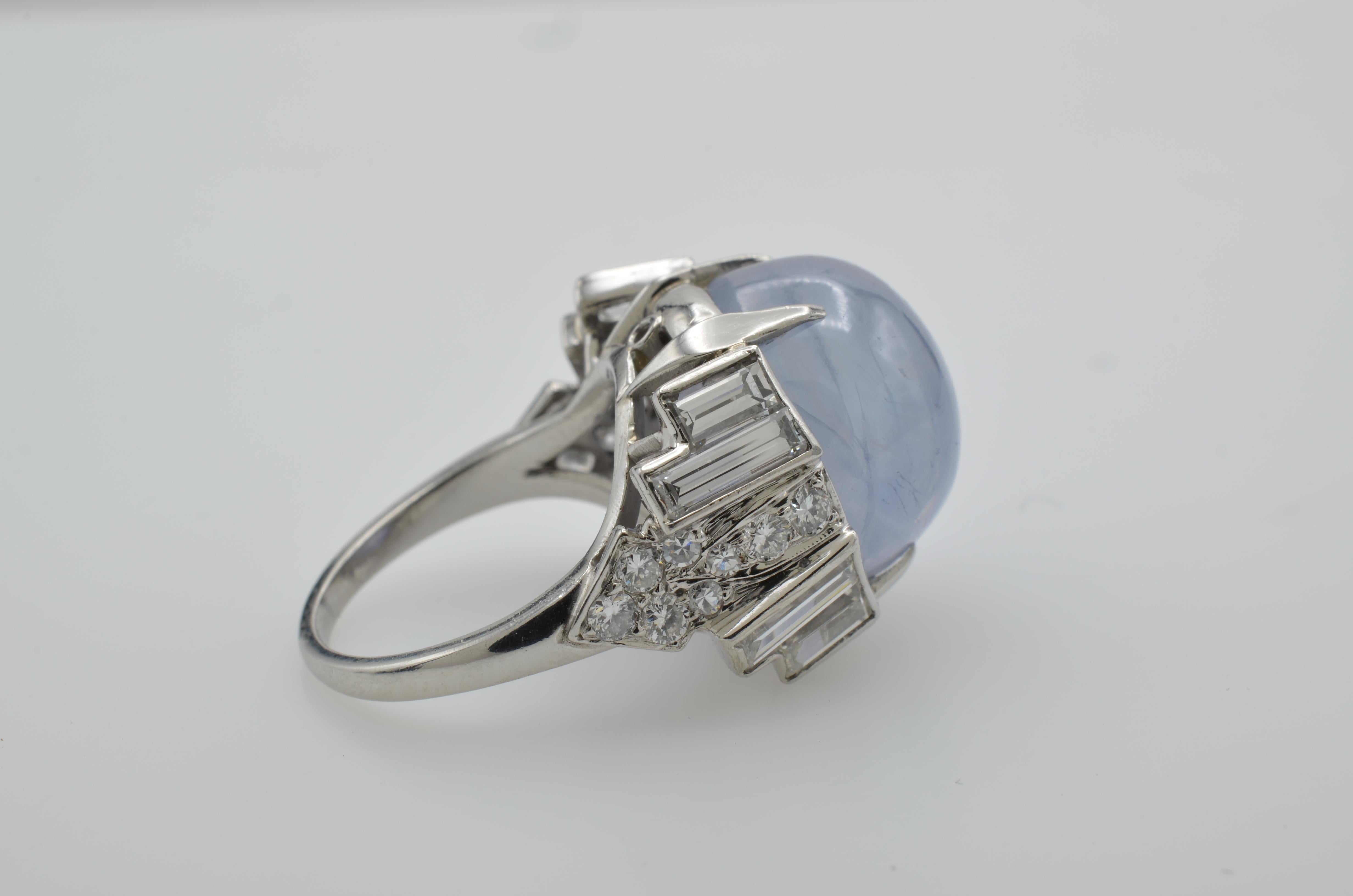 Women's 30 Carat Blue Star Sapphire Cabochon Diamond Baguette Platinum Ring