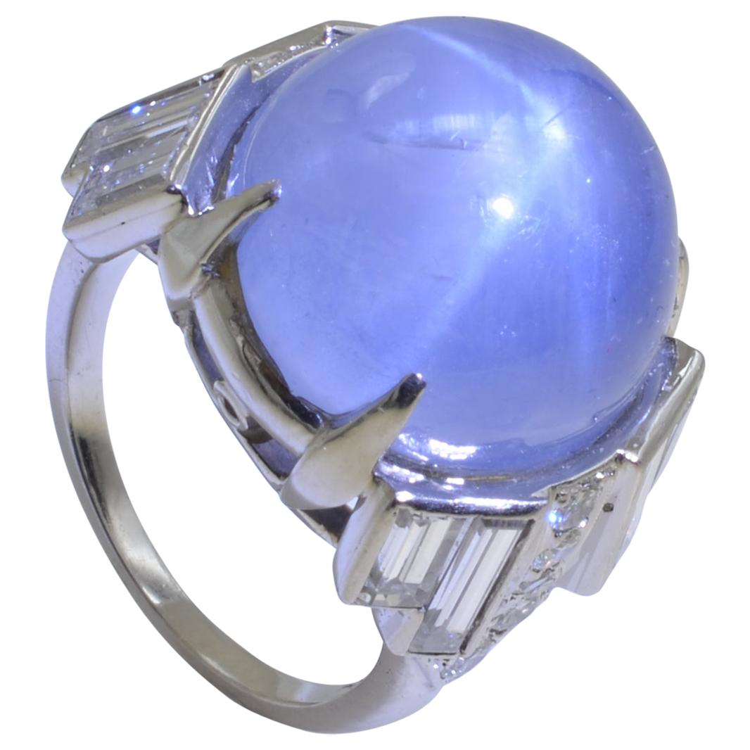 30 Carat Blue Star Sapphire Cabochon Diamond Baguette Platinum Ring
