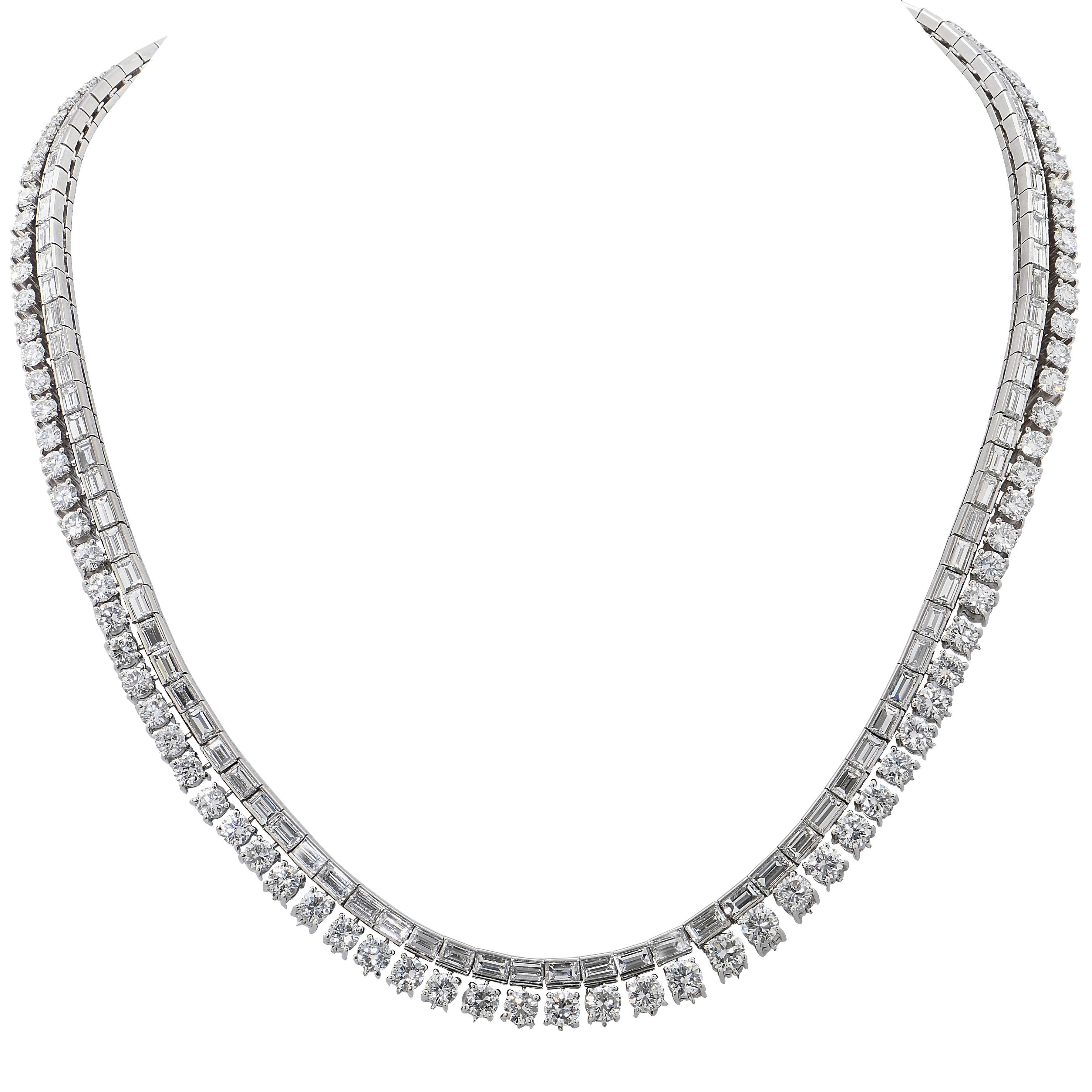 Baguette Cut 30 Carat Brilliant and Baguette Diamond Platinum Riviere Necklace For Sale