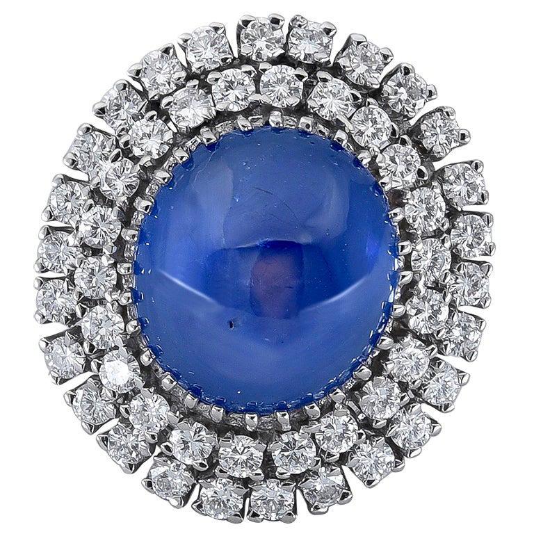 30 Carat Cabochon Blue Sapphire and Diamond Double Halo Cocktail Ring