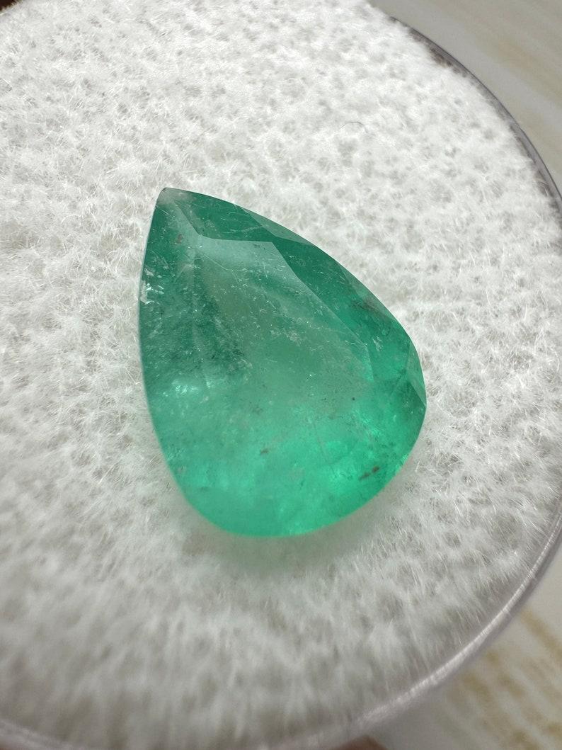 Stone: Emerald
Weight: 3.0-carats
Shape: Pear Cut
Clarity: Semi-Transparent
Luster: Very Good
Color: Medium-Light Bluish Green
Measurements: 11.39mm x 8.37mm x 6.20mm
Geographic Origin: Colombia
Treatment: Natural, Oiling

Comments: Due to their