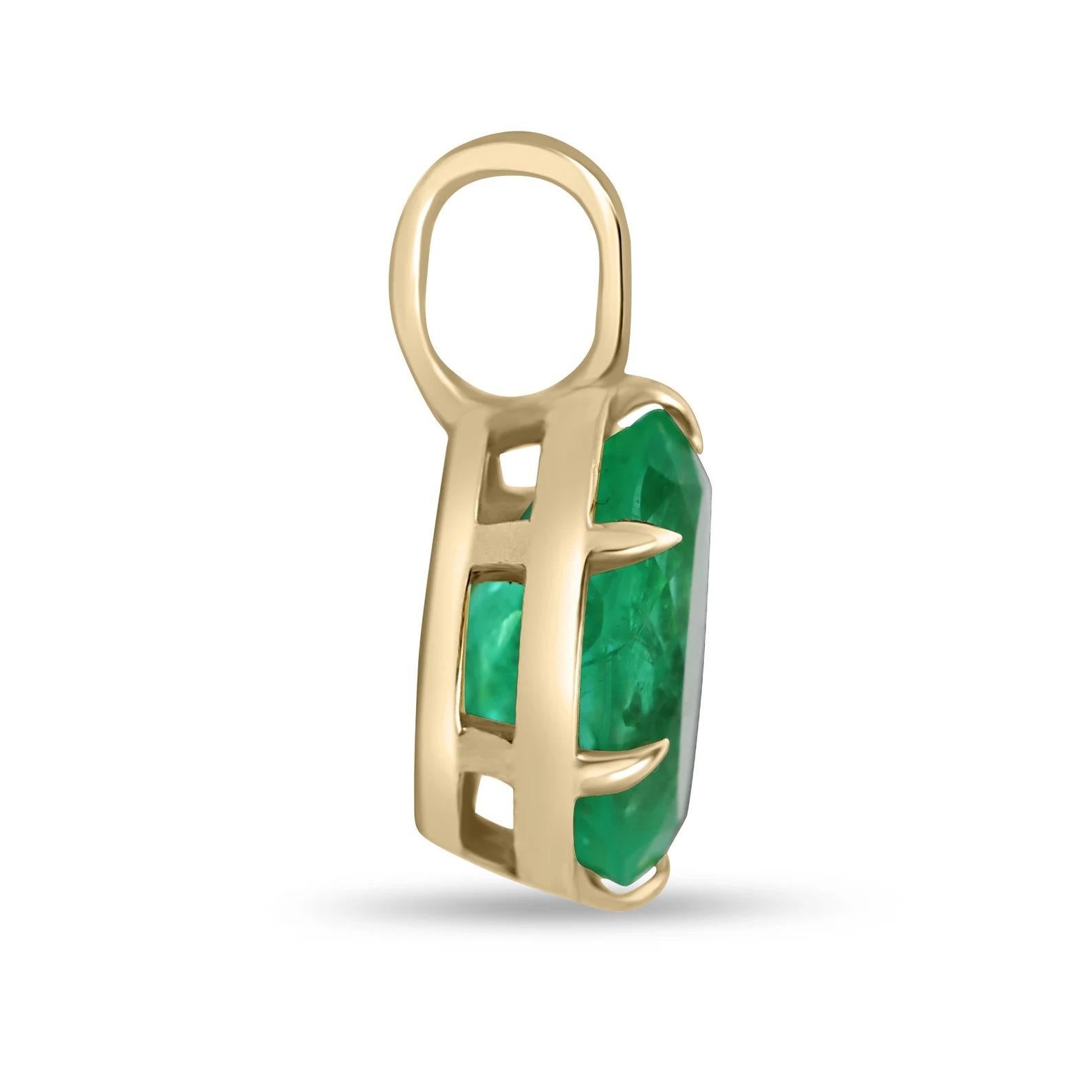 Featured is a stunning, Colombian emerald, oval cut pendant. The gemstone carries 3.0 carats of natural, spring-green emerald. The stone also displays very good luster, with gorgeous, eye clean clarity. Minor imperfections are totally normal and