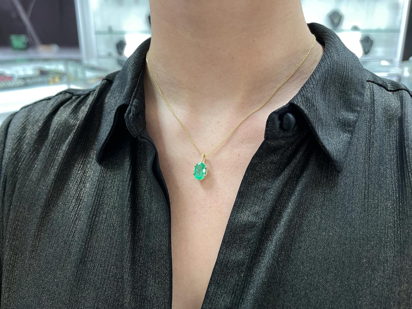 3.0 Carat Colombian Emerald Solitaire Oval Six Claw Prong Modern Pendant 14K In New Condition For Sale In Jupiter, FL
