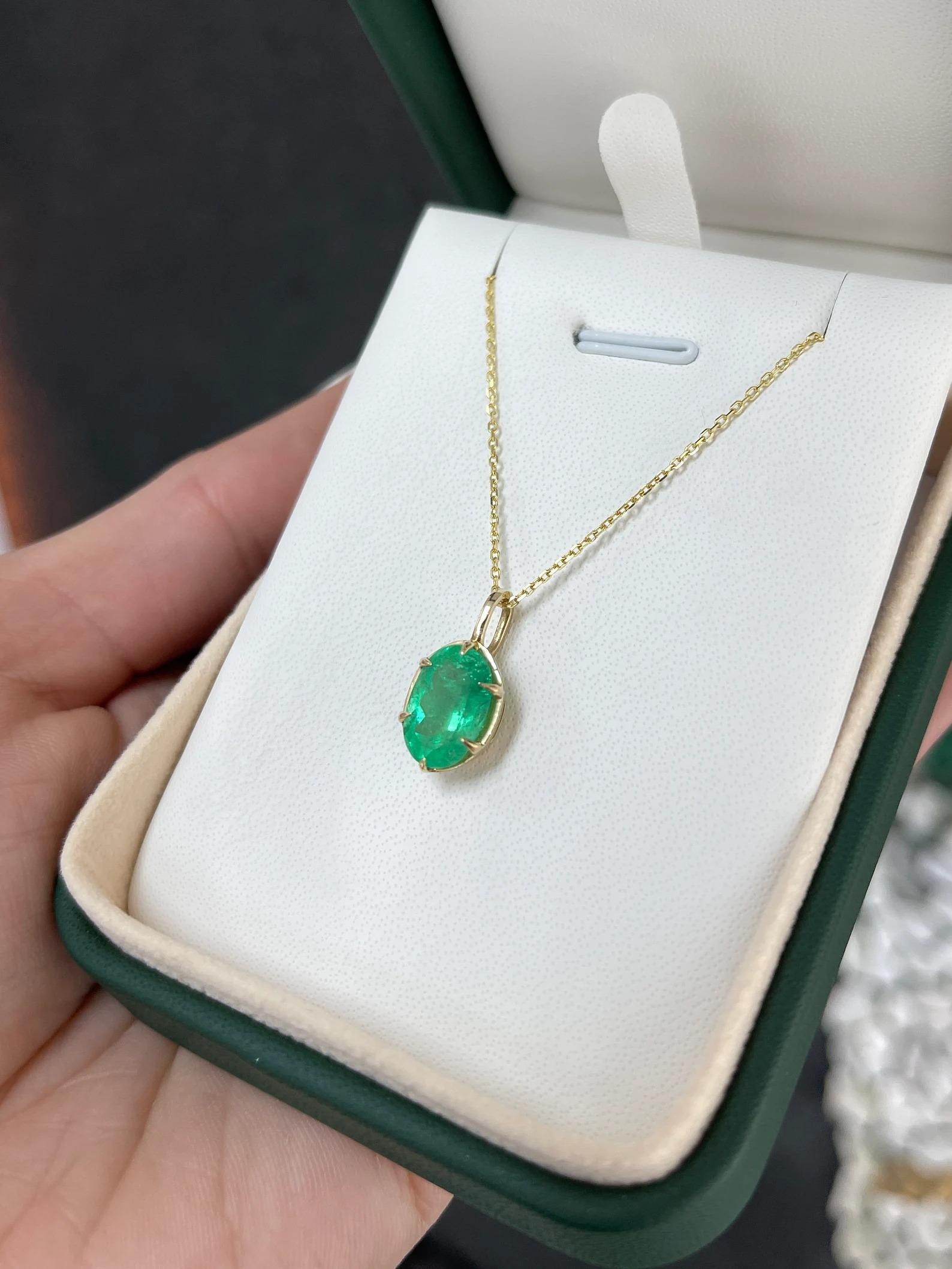 3.0 Carat Colombian Emerald Solitaire Oval Six Claw Prong Modern Pendant 14K For Sale 1