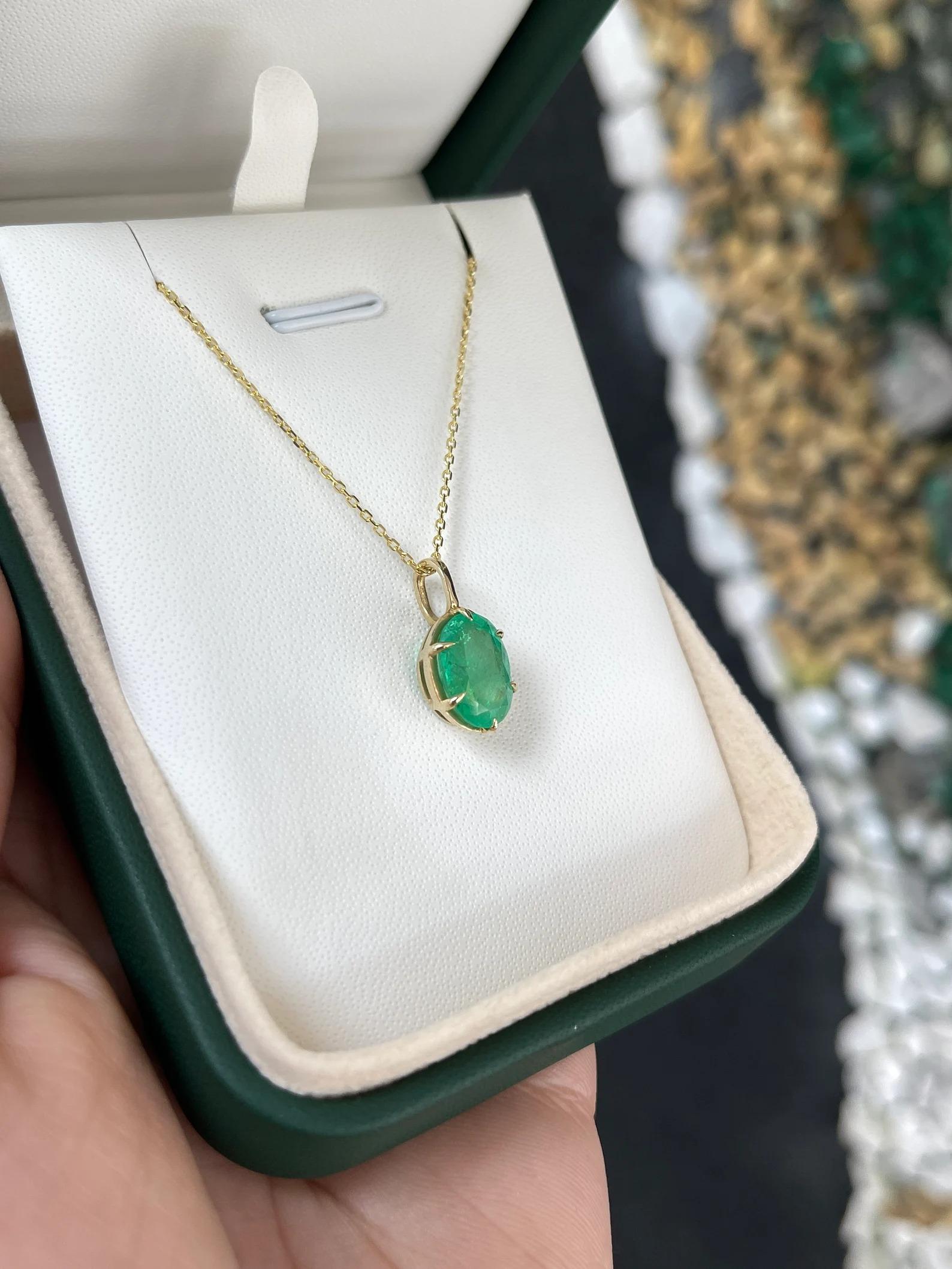 3.0 Carat Colombian Emerald Solitaire Oval Six Claw Prong Modern Pendant 14K For Sale 2