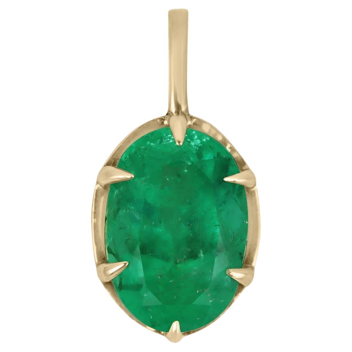 3.0 Carat Colombian Emerald Solitaire Oval Six Claw Prong Modern Pendant 14K For Sale