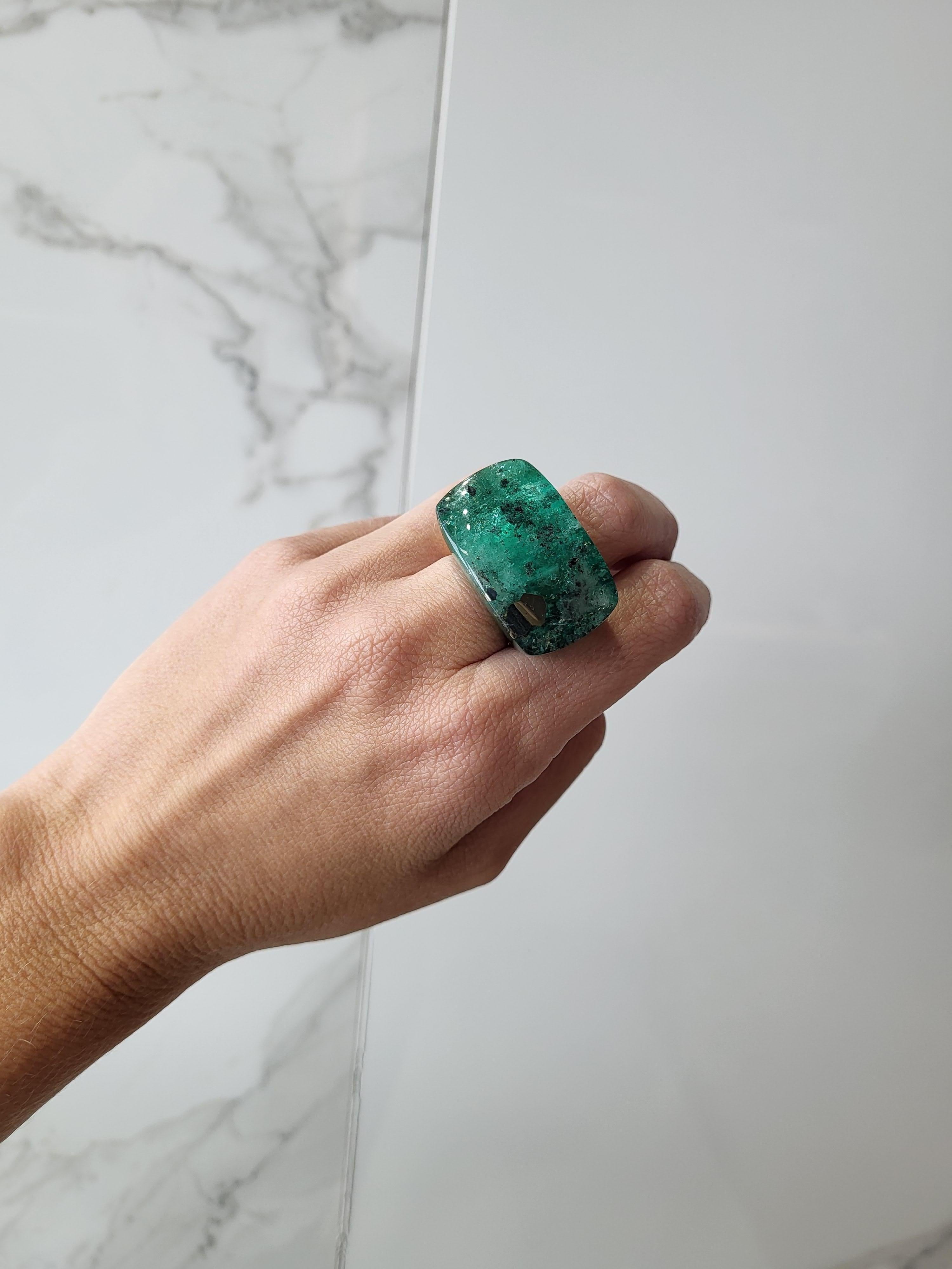 30 Carat Columbian Emerald Ring with Pyrite Inclusion For Sale 9