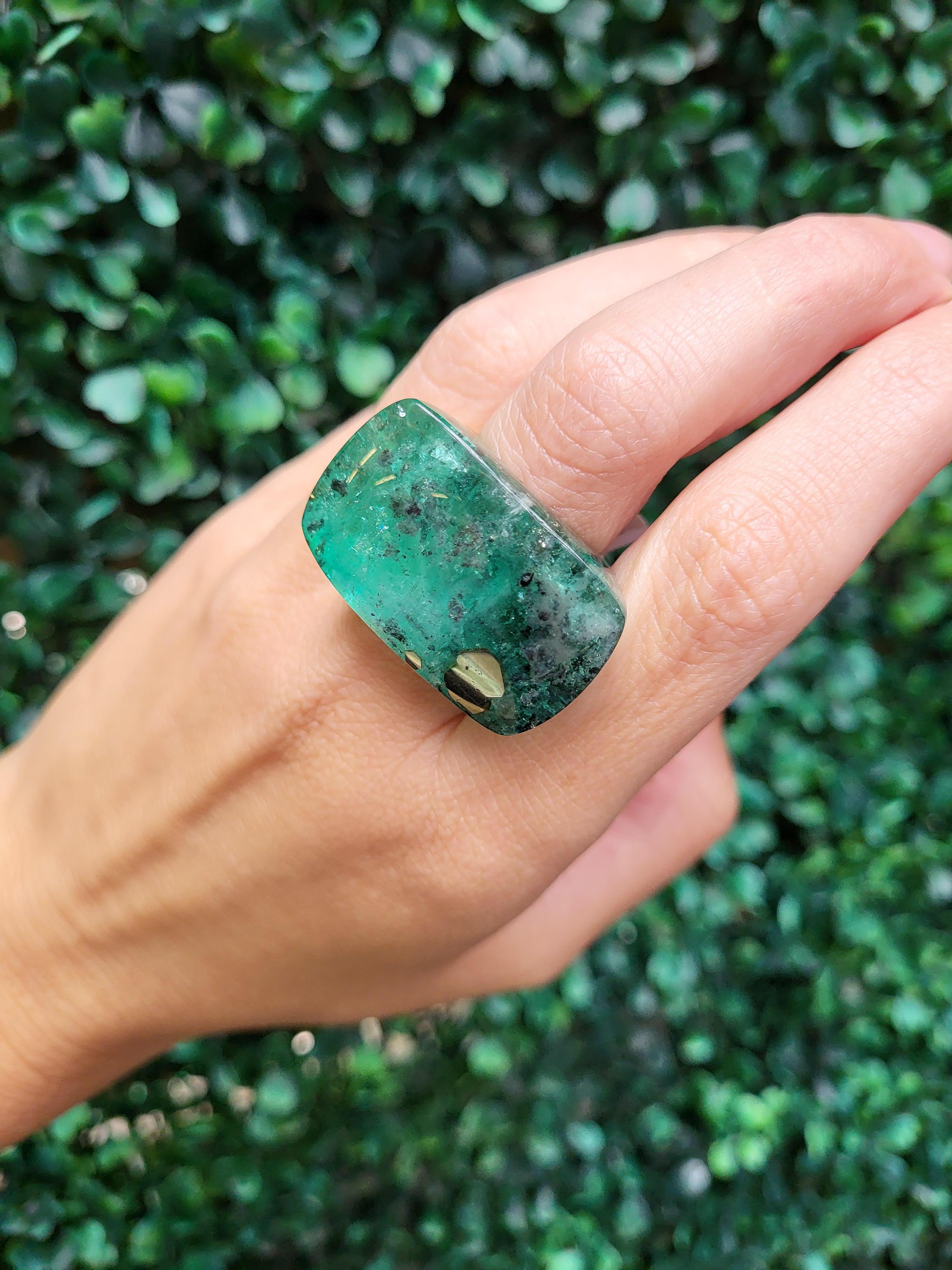 Modern 30 Carat Columbian Emerald Ring with Pyrite Inclusion For Sale