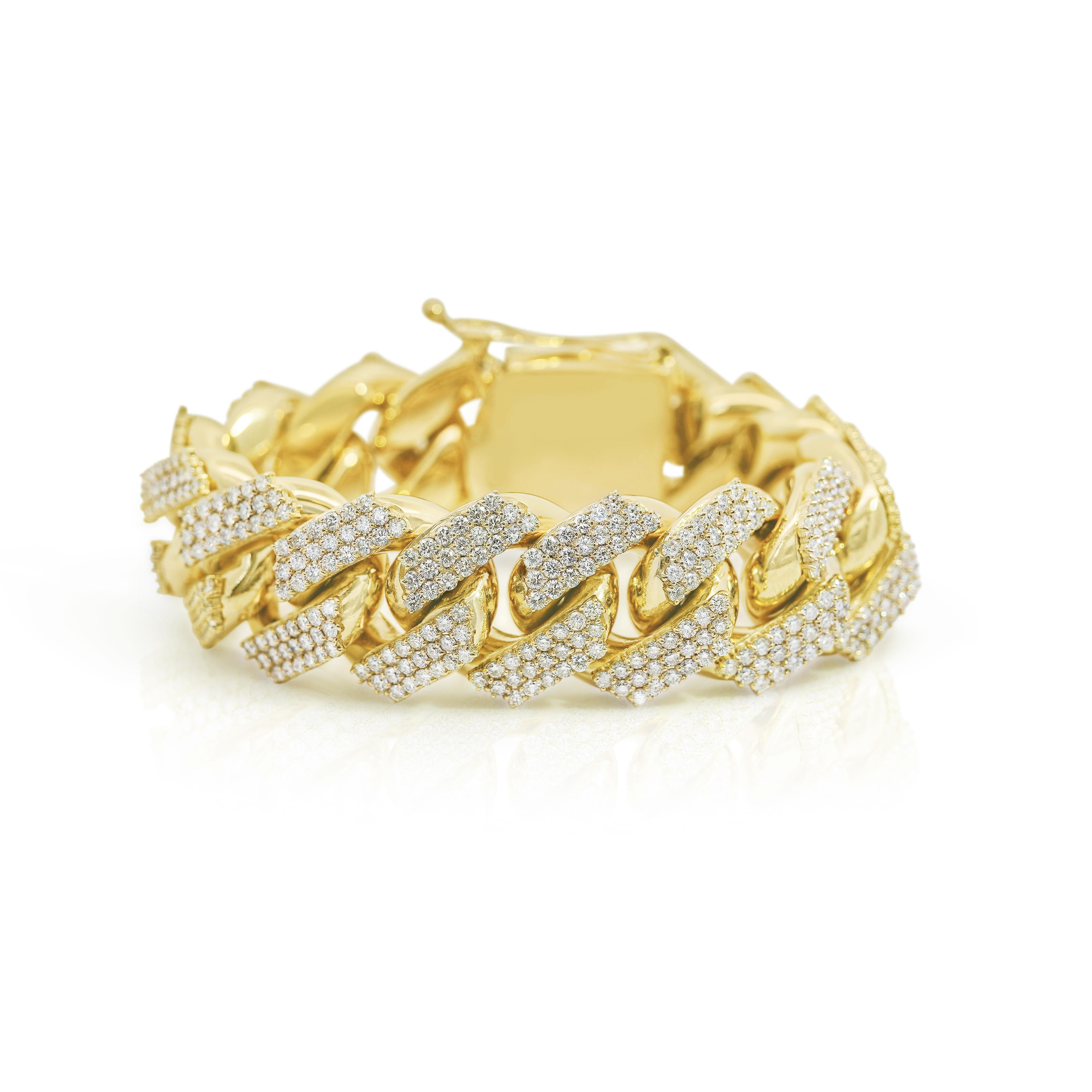 Moderne Bracelet à maillons cubains Miami en or jaune 14 carats et diamants 30 carats en vente