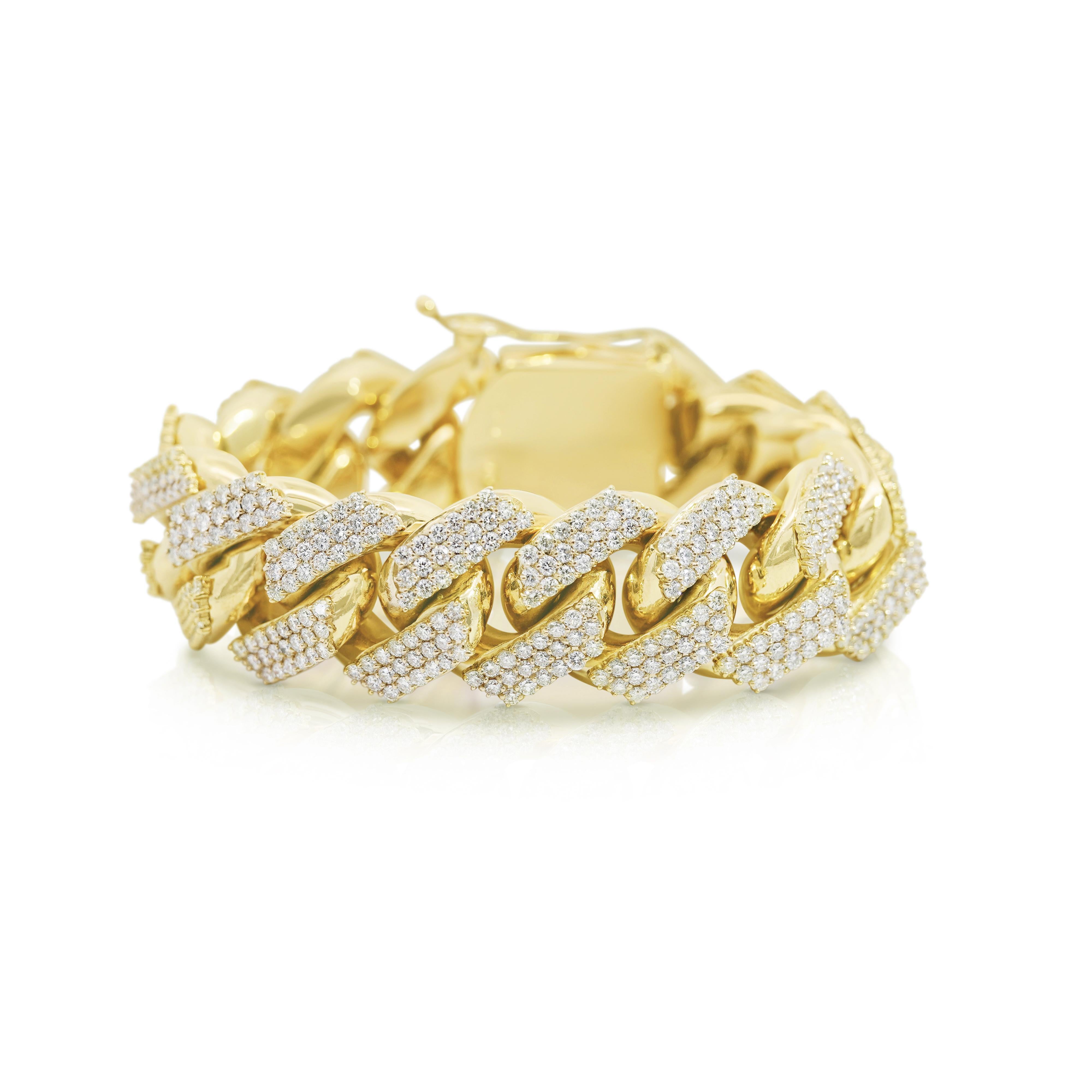 Bracelet à maillons cubains Miami en or jaune 14 carats et diamants 30 carats Unisexe en vente