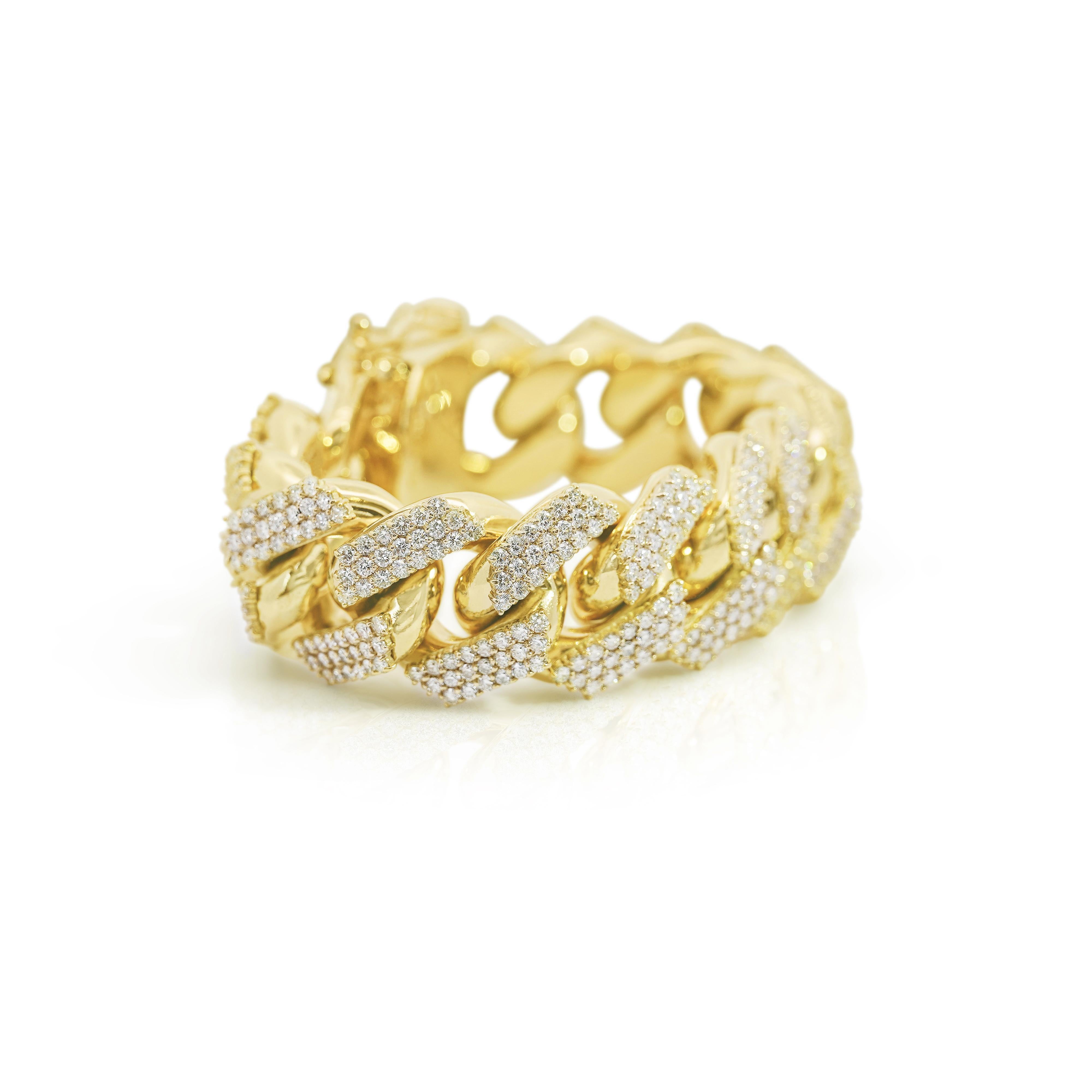 Bracelet à maillons cubains Miami en or jaune 14 carats et diamants 30 carats en vente 3