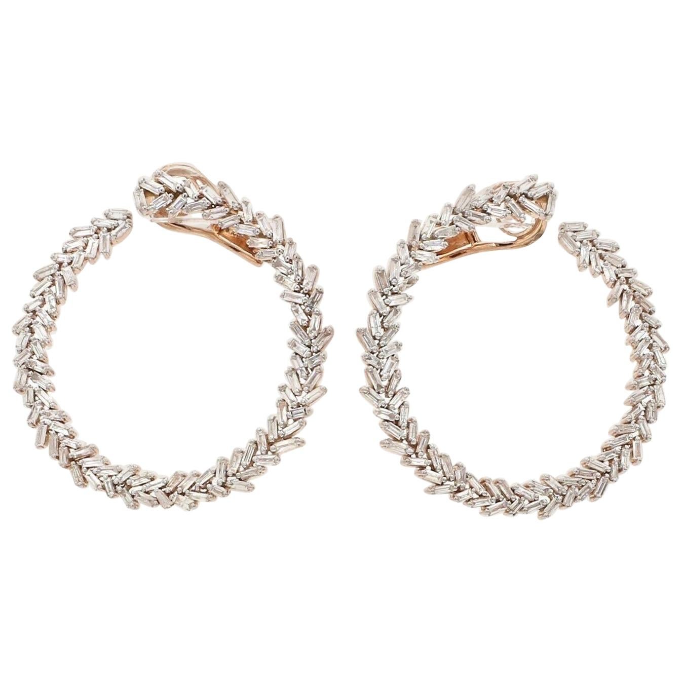 3.0 Carat Diamond 18 Karat Gold Baguette Hoop Earrings For Sale