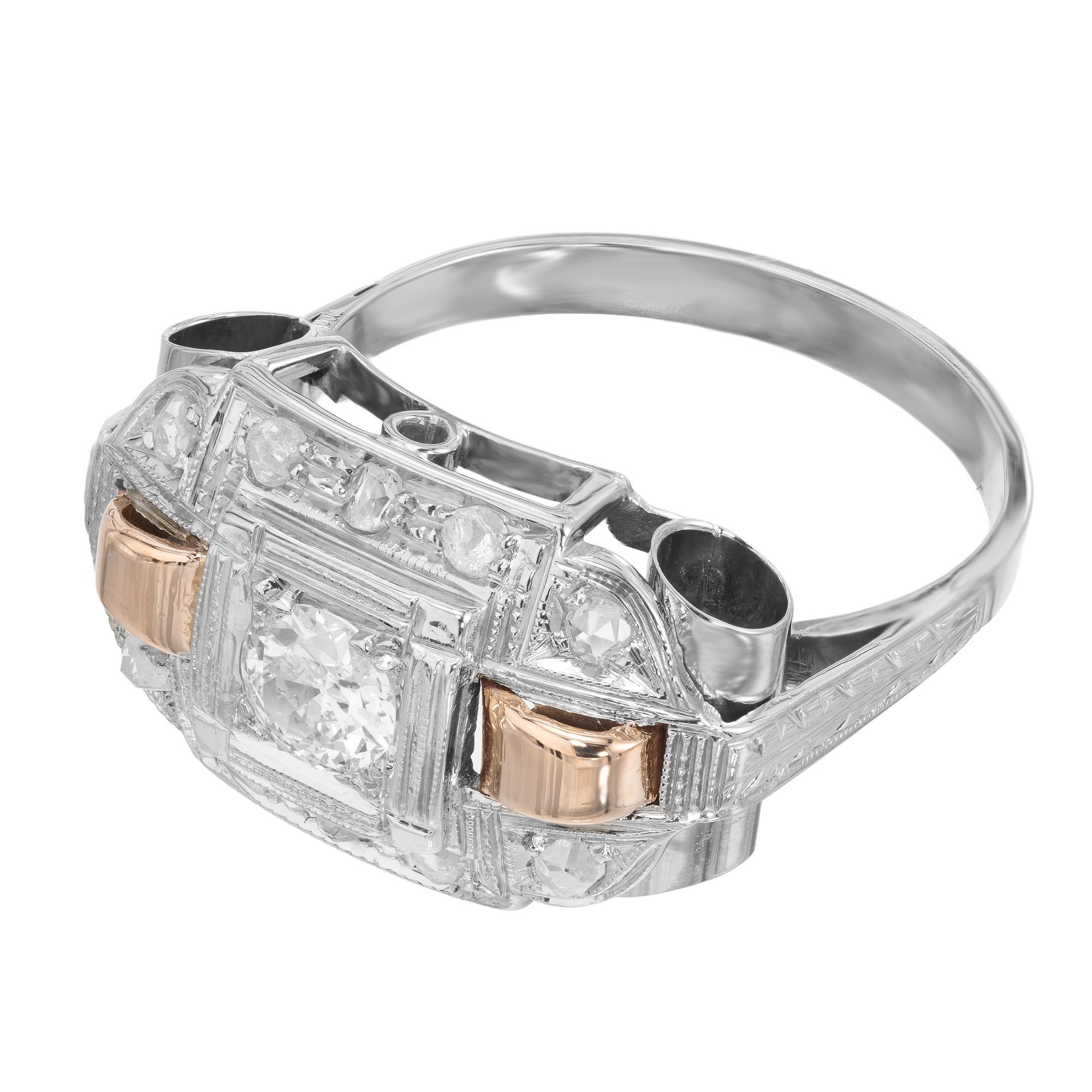 Taglio antico europeo Anello di fidanzamento in oro rosa bianco Art Deco con diamante da .30 carati in vendita