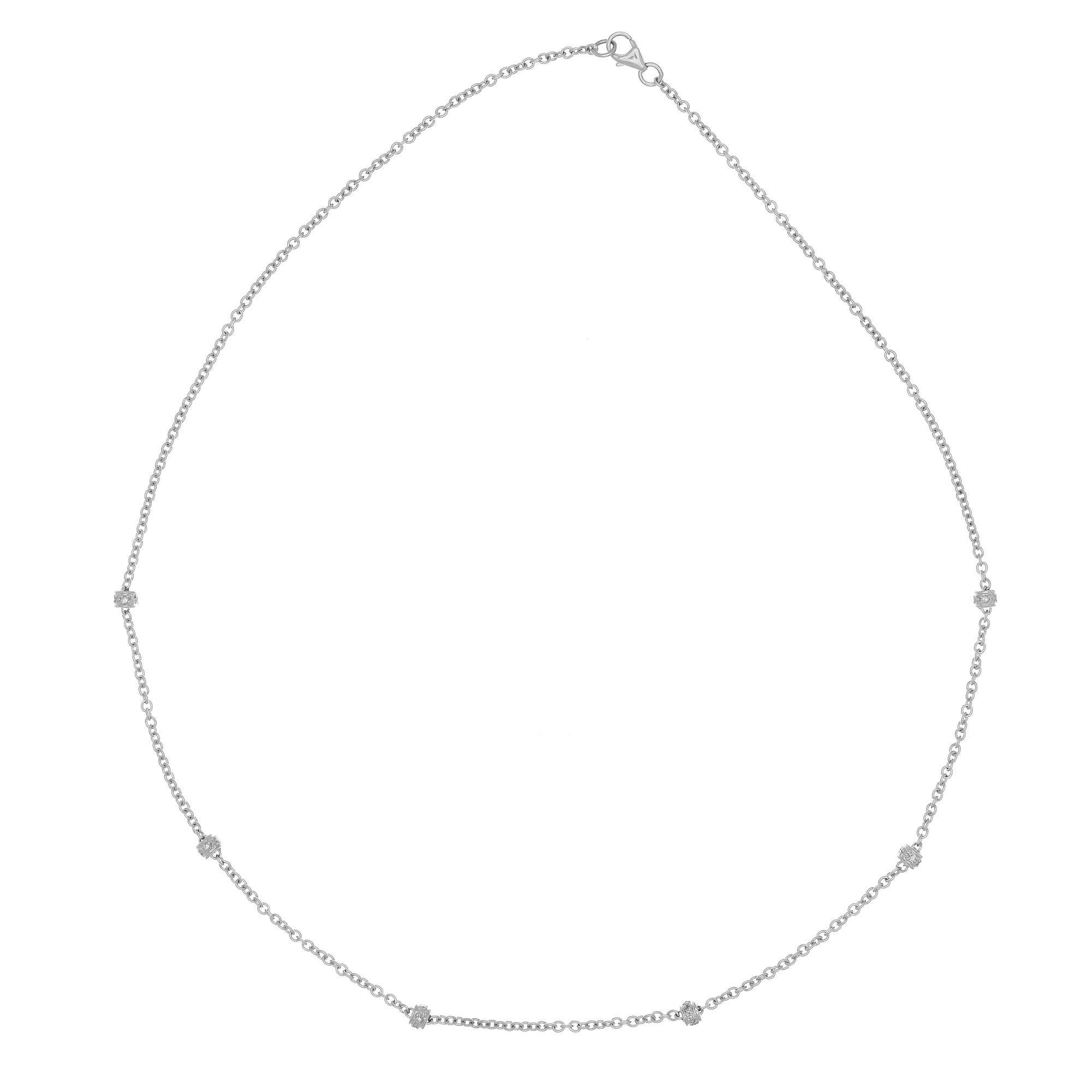 Diamond by the yard necklace with six diamond rondelles with a total of .30 carats of diamonds in 14k white gold. Lobster catch. 16 inches

3 round single cut diamonds, H-I SI approx. .30cts
14k white gold 
Stamped: 585
3.7 grams
Chain: 16