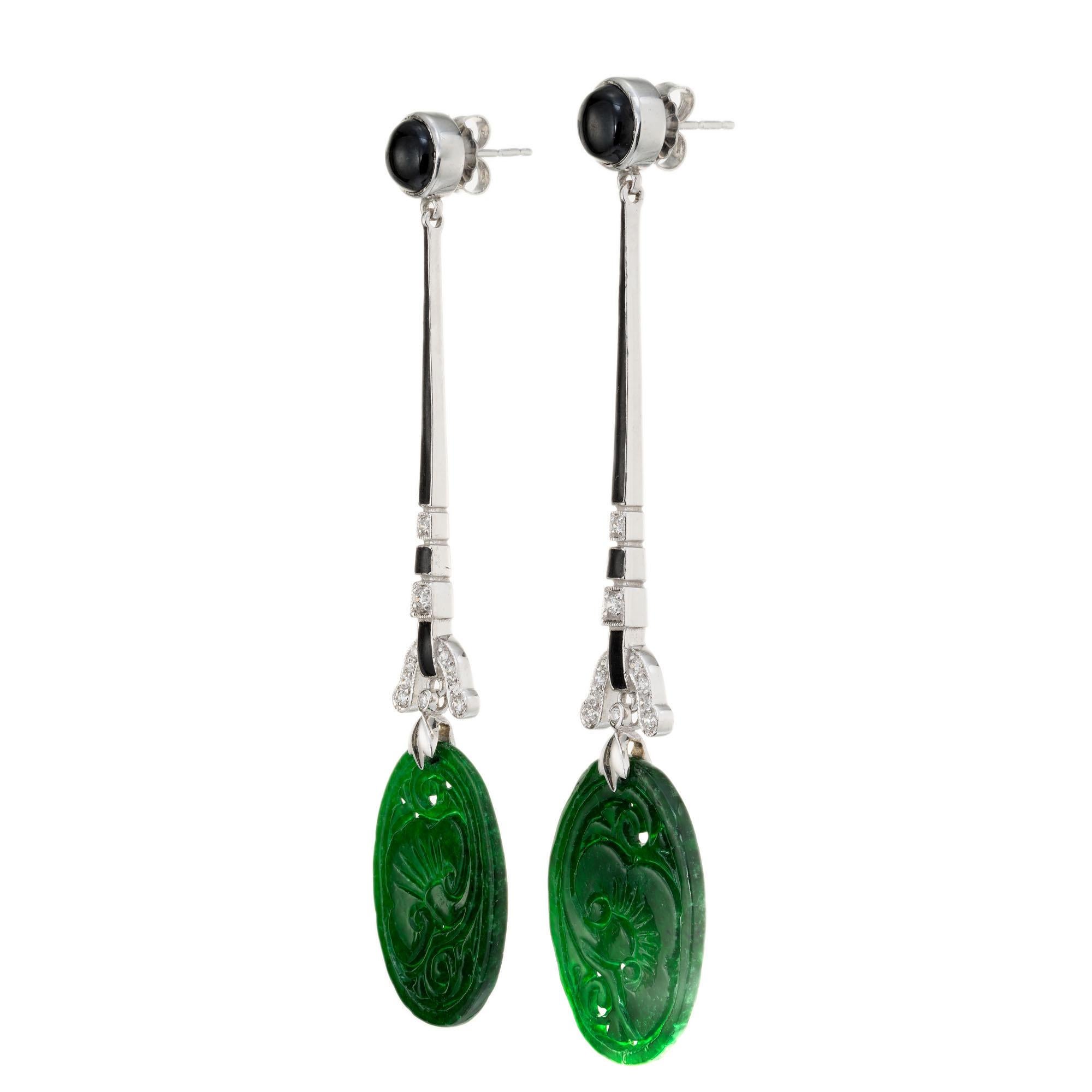 Art Deco revival jade, onyx and diamond drop dangle earrings. 2 oval carved jadeite jade dangles with black onyx, black enamel and 22 round full cut diamonds in 14k white gold. 

2 oval pierced natural green Jadeite Jade, polimer GIA certificate #