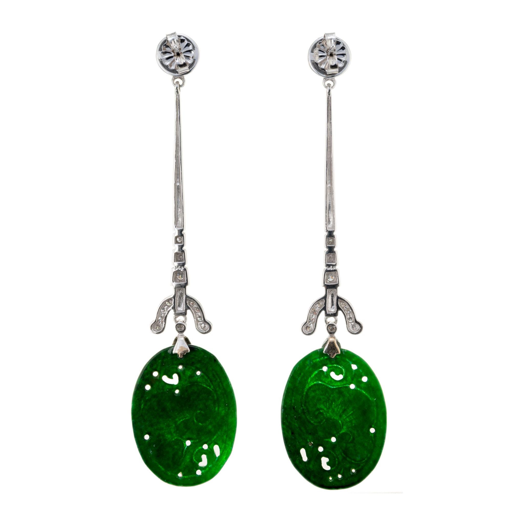 Oval Cut .30 Carat Diamond Carved Jadeite Jade Onyx White Gold Dangle Drop Earrings For Sale