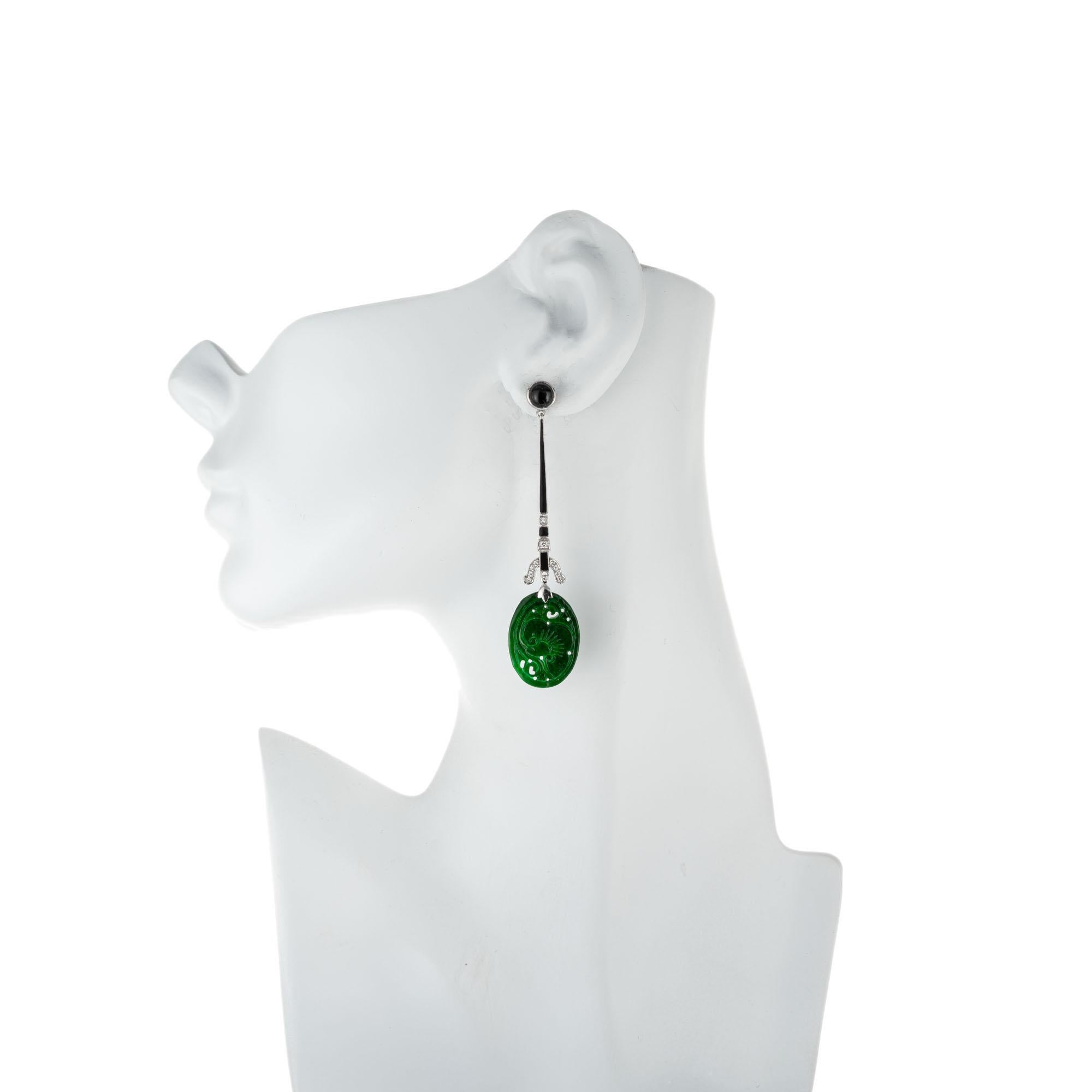 Women's .30 Carat Diamond Carved Jadeite Jade Onyx White Gold Dangle Drop Earrings For Sale