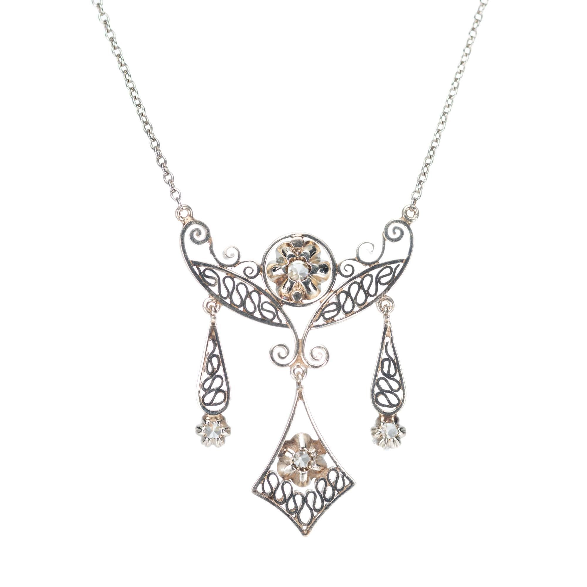 Round Cut .30 Carat Diamond Filigree White Gold Pendant Necklace For Sale