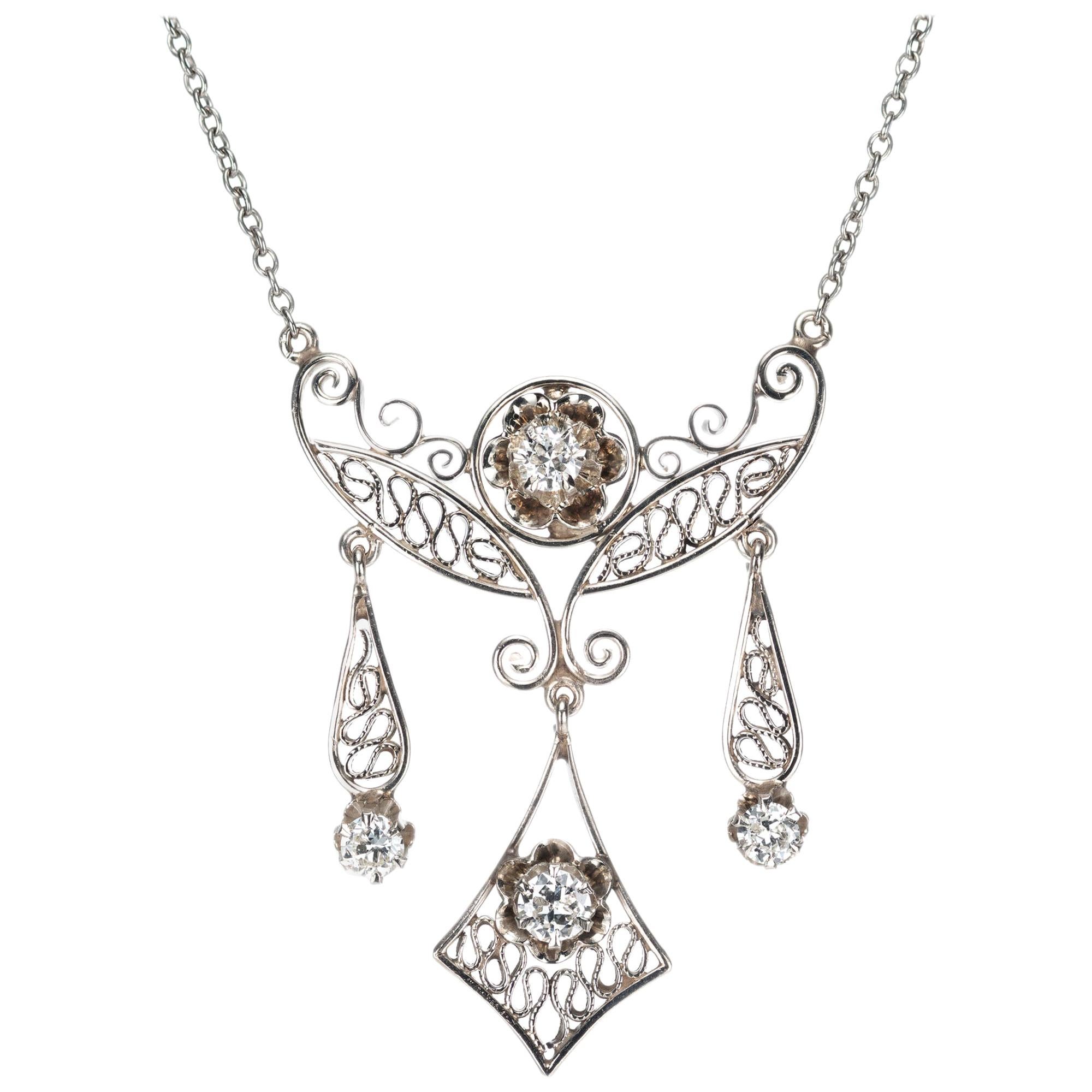 .30 Carat Diamond Filigree White Gold Pendant Necklace For Sale