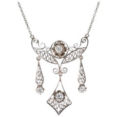 Antique .30 Carat Diamond Filigree White Gold Pendant Necklace