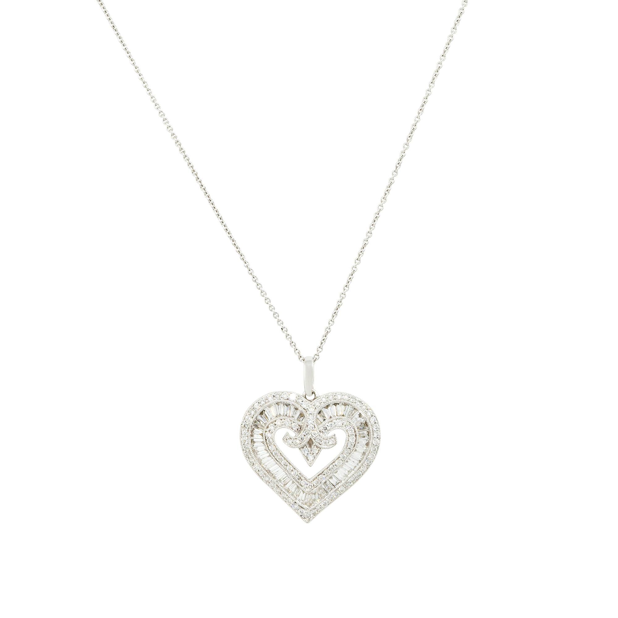 Baguette Cut 3.0 Carat Diamond Heart Necklace 18 Karat In Stock For Sale