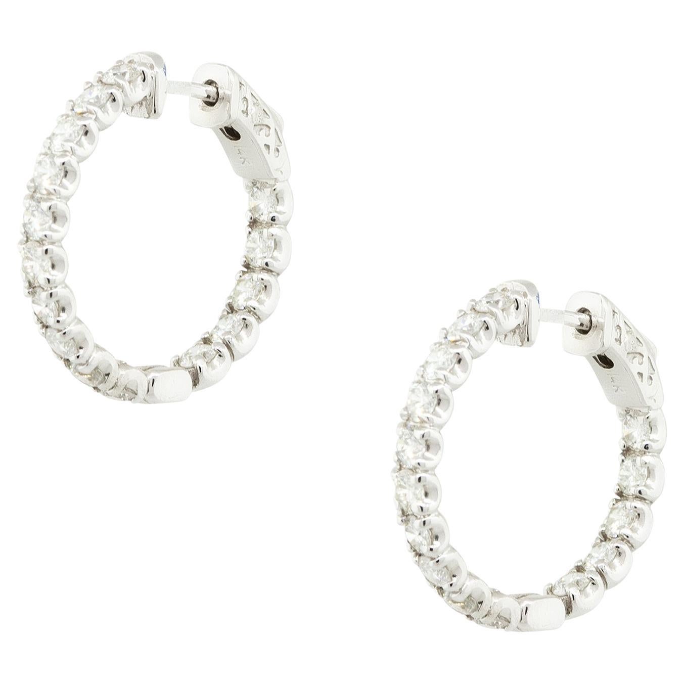 3.0 Carat Diamond Inside-Out Medium Sized Hoop Earrings 14 Karat in Stock For Sale