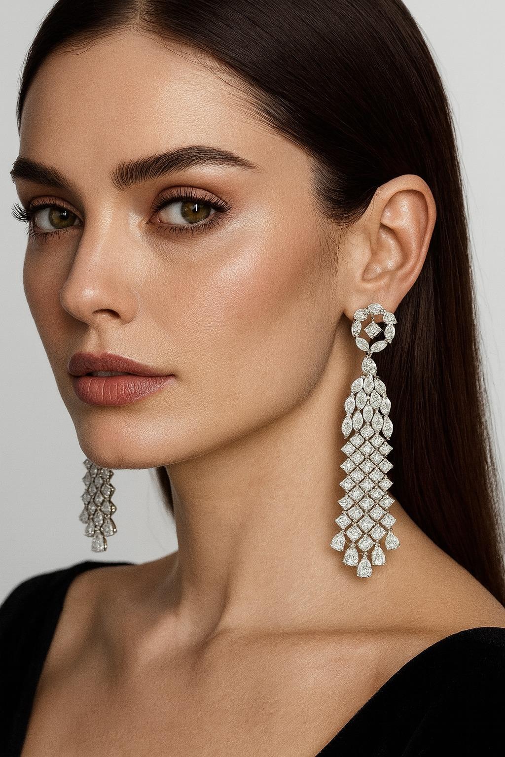 Boucles d'oreilles chandelier à grappes de diamants marquis, poires et ronds de 30 carats

Ces spectaculaires boucles d'oreilles chandelier sont fabriquées en or blanc massif 18 carats et serties d'un mélange étonnant de diamants naturels ronds,