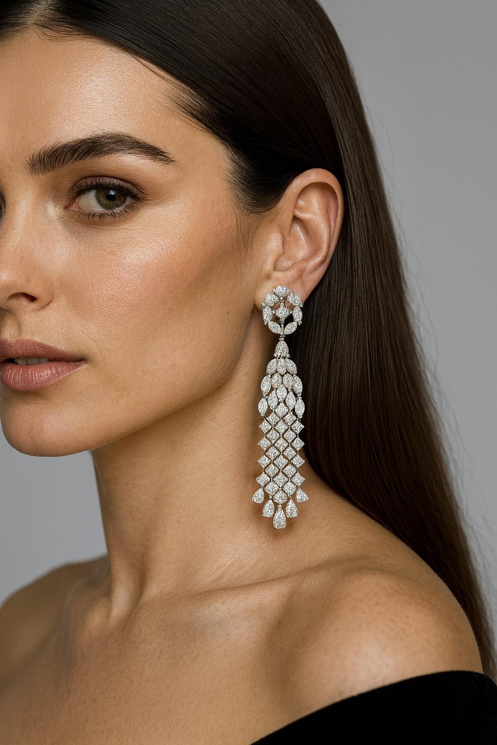 Contemporain Boucles d'oreilles chandelier à grappes de diamants marquis, poires et ronds de 30 carats en vente