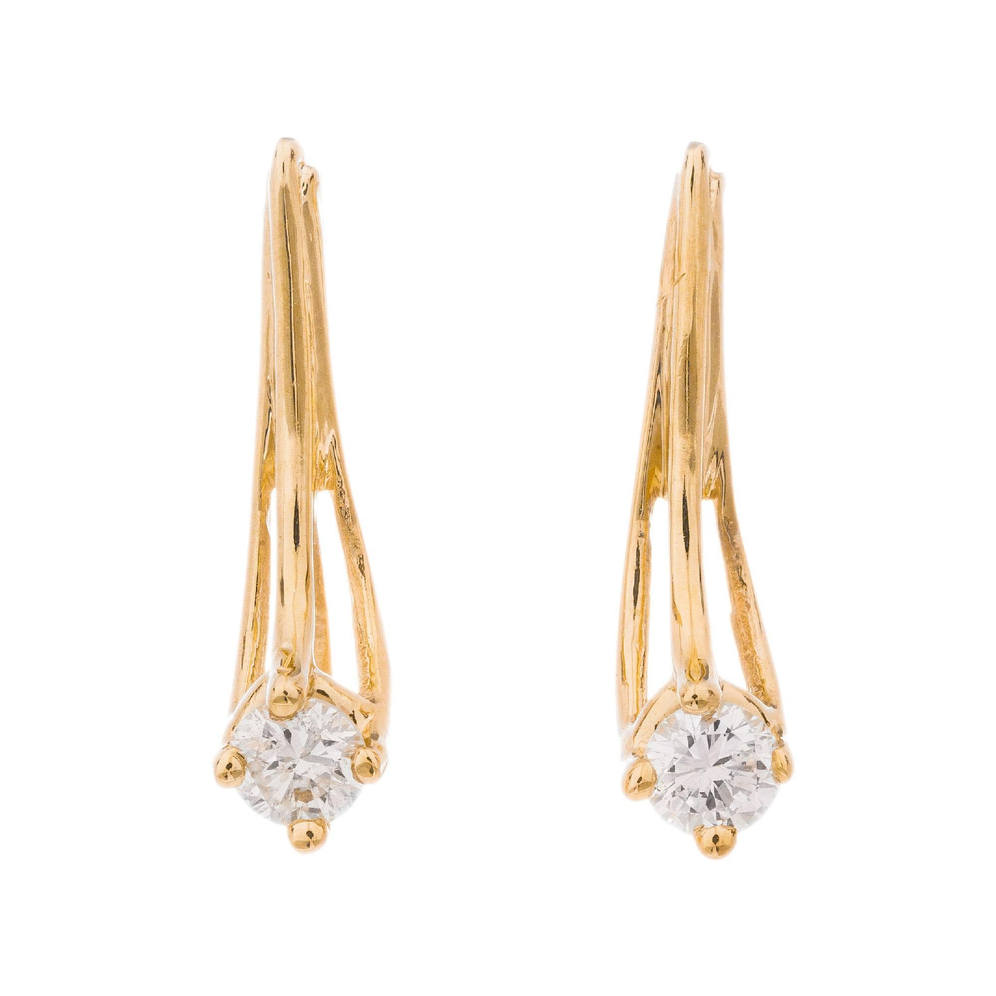 Round Cut .30 Carat Diamond Yellow Gold Wire Earrings For Sale