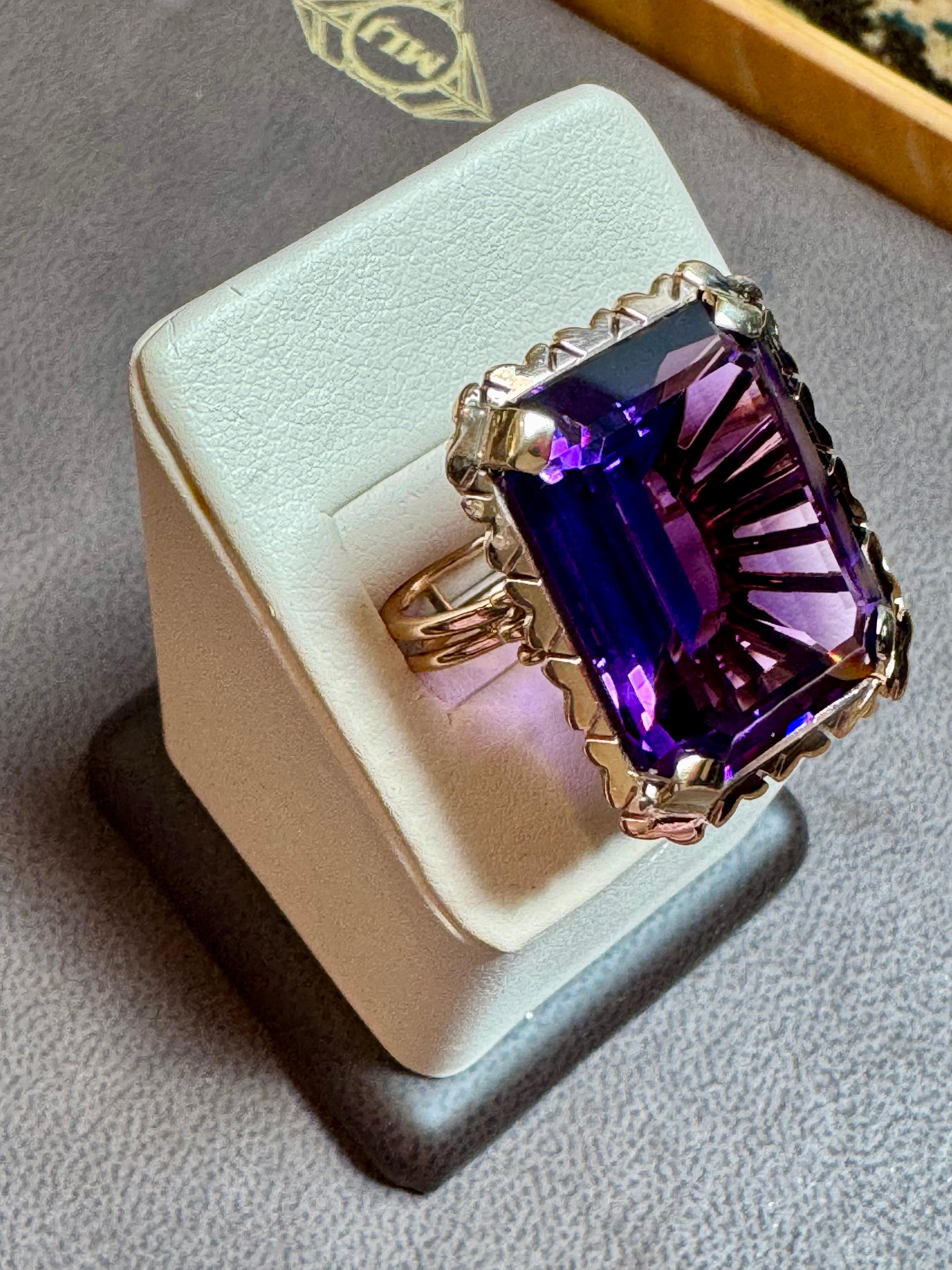 30 Karat Smaragdschliff Amethyst Cocktail-Ring in 14 Karat Roségold Schleife Ring Größe5 im Angebot 10