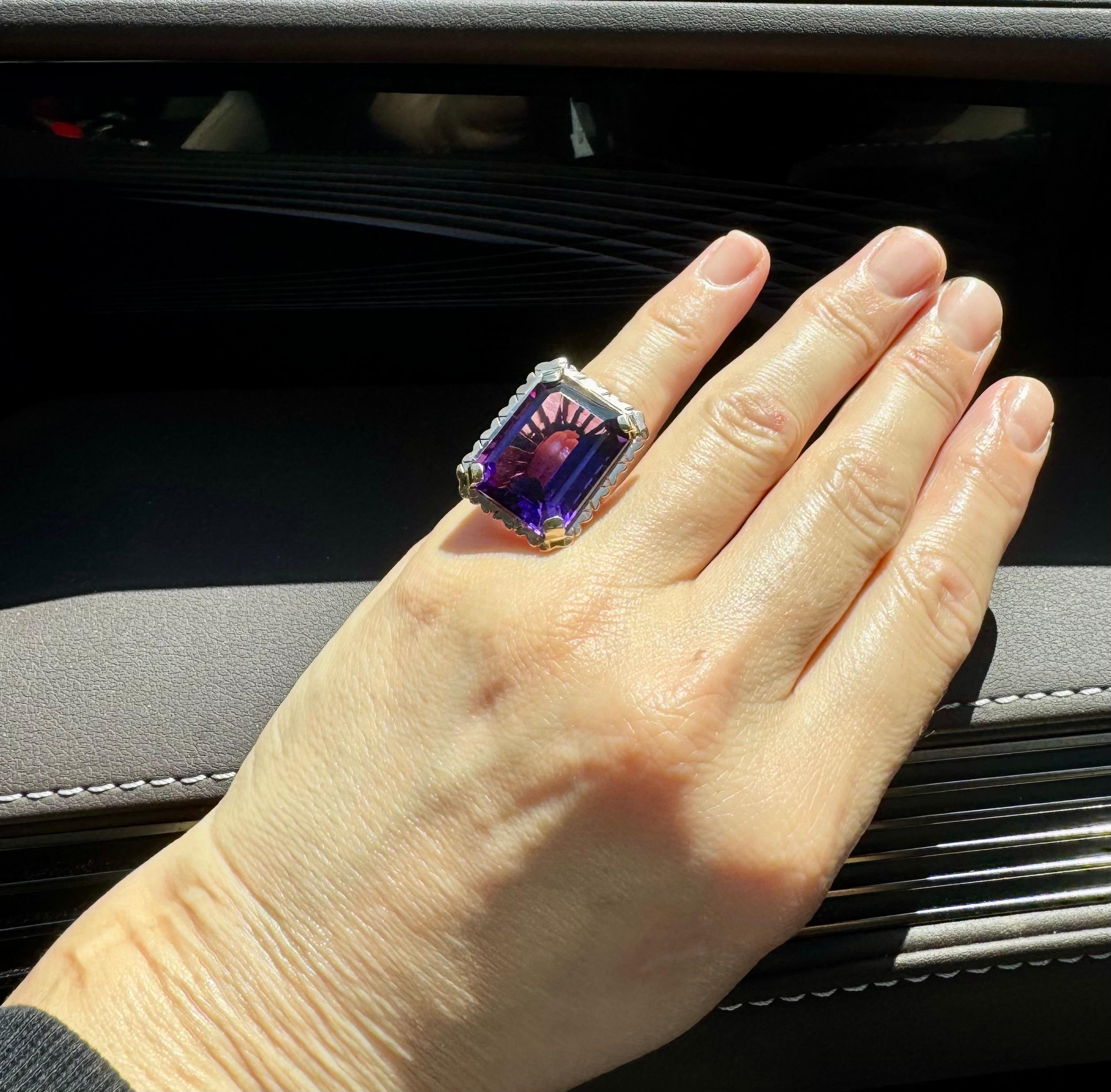 30 Karat Smaragdschliff Amethyst Cocktail-Ring in 14 Karat Roségold Schleife Ring Größe5 im Angebot 14